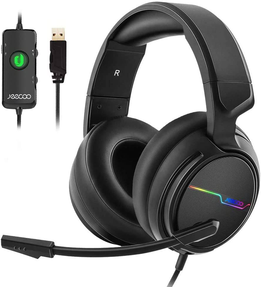 Jeecoo USB Pro Gaming Headset para PC - Auriculares de sonido envolvente 7.1 con micrófono con cancelación de ruido - Almohadillas de espuma viscoelástica Luces RGB para portátiles