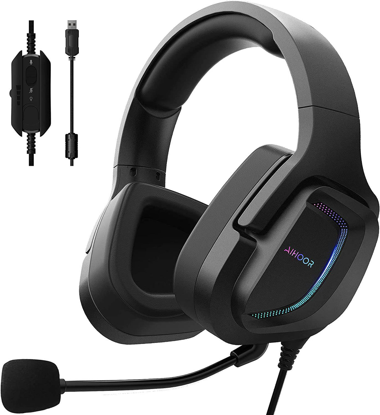 AIHOOR Auriculares para juegos con cable con sonido envolvente 7.1, micrófono desmontable, volumen en línea y control de silencio, luces LED RGB, orejeras de proteína, auriculares ligeros sobre la oreja para PC, consola PS4/PS5 (enchufe USB)