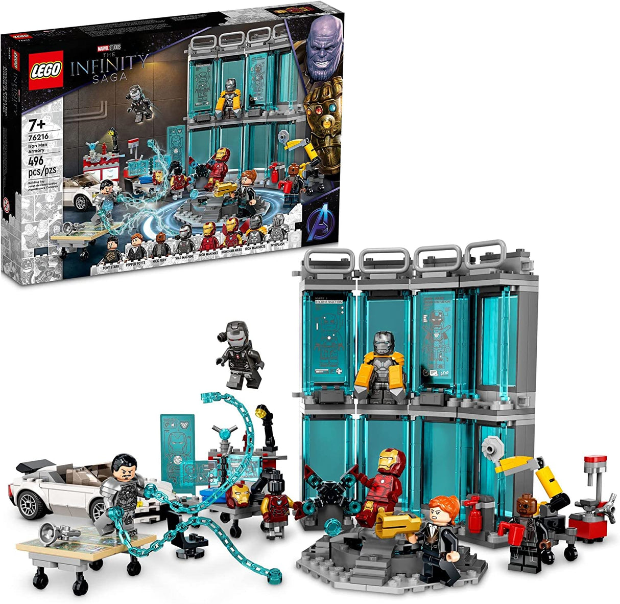 LEGO Marvel Iron Man Armory 76216 Juego de juguetes de construcción para niños, niños y niñas a partir de 7 años (496 piezas)
