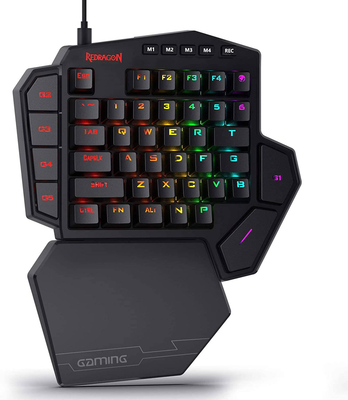 Redragon K585 DITI Teclado mecánico para juegos RGB con una sola mano, teclado para juegos profesional tipo C con 7 teclas macro integradas, reposamuñecas desmontable, 42 teclas (interruptor negro-azul)