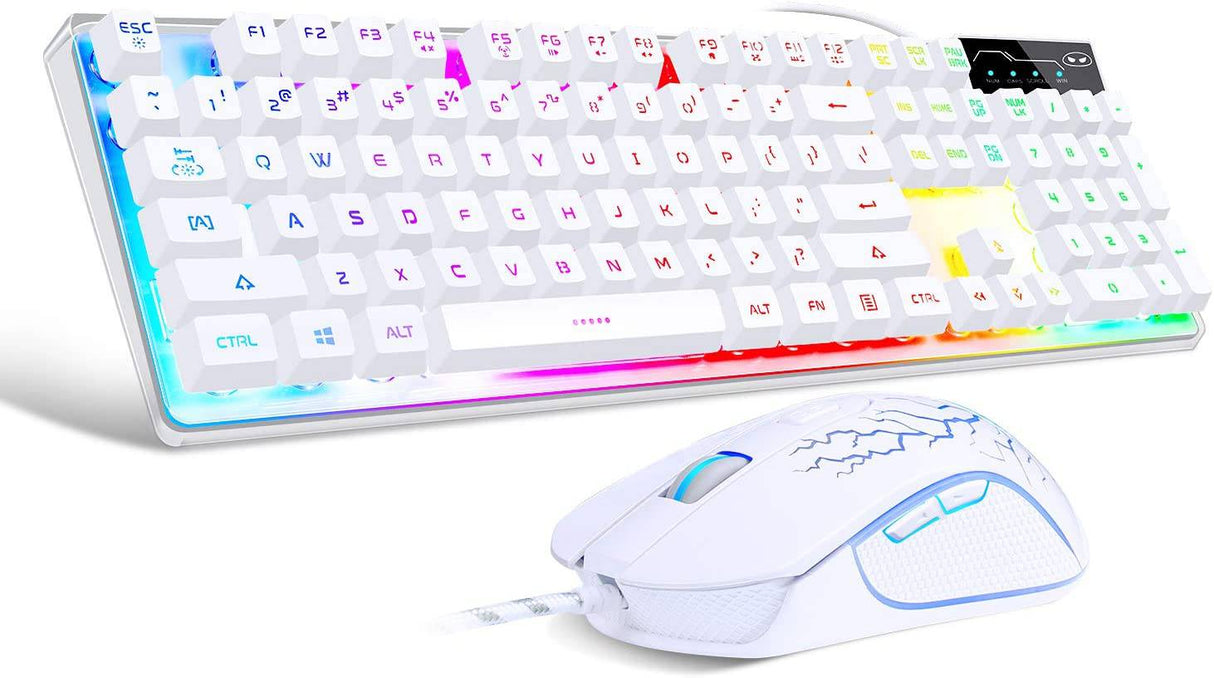 MageGee - Combo de teclado y mouse para juegos, teclado retroiluminado con arco iris LED K1 con 104 teclas Teclado para juegos de computadora PC para PC / computadora portátil (blanco)