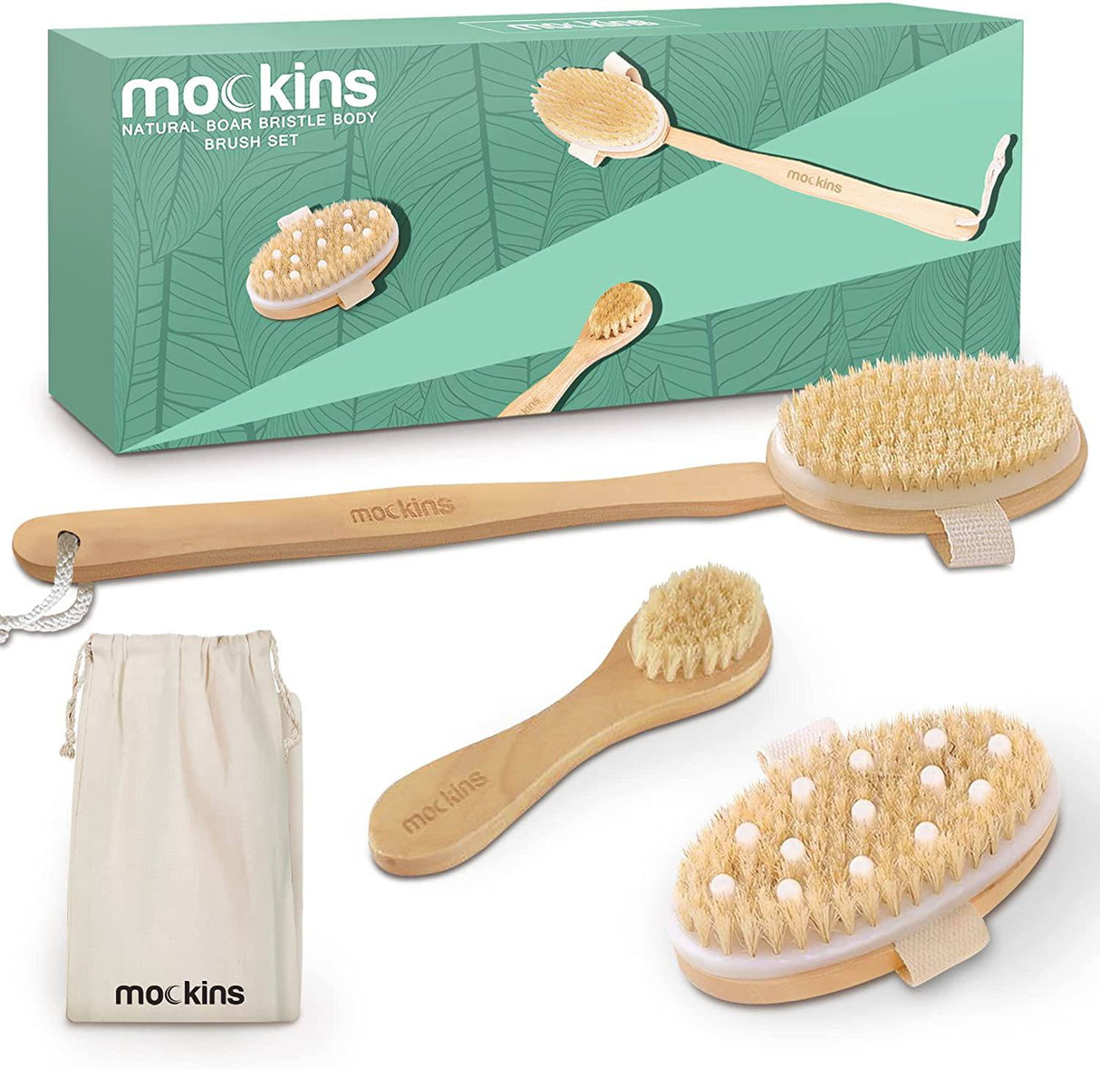 Nevlers - Juego de cepillos para el cuerpo de jabalí natural con cepillo para celulitis desmontable, mango largo de madera para cepillado en seco y cepillo facial | Kit Perfecto para Exfoliar y Aliviar