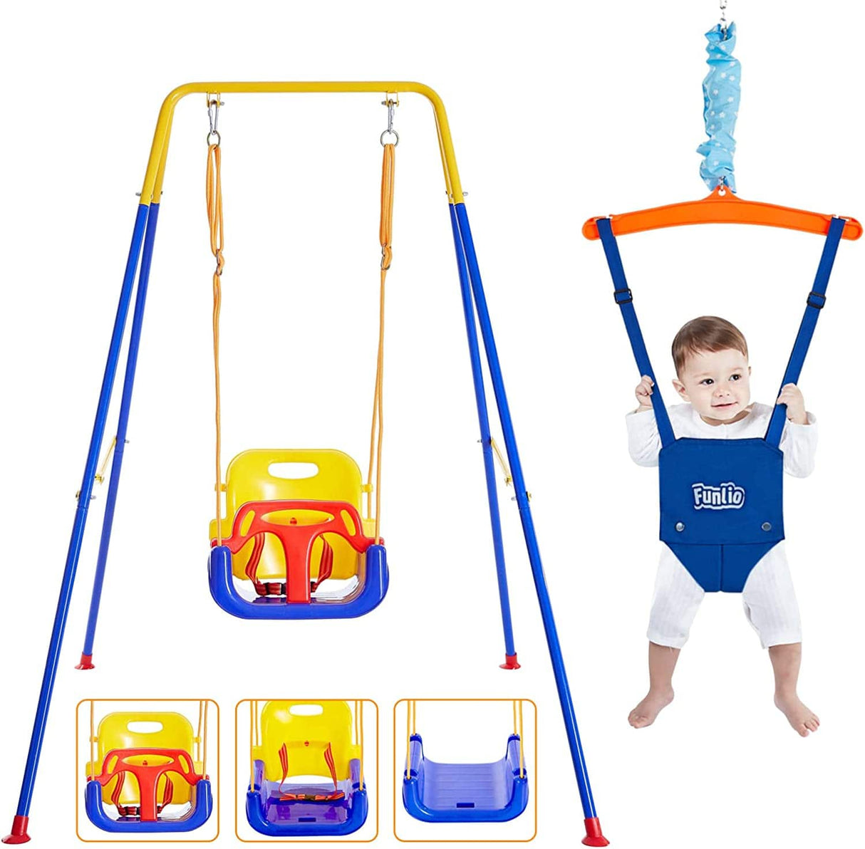 FUNLIO Juego de columpios 2 en 1 para niños pequeños y bebés, columpio y rebotador para niños de servicio pesado con 4 bolsas de arena, soporte de metal plegable para jugar en interiores/exteriores - DIGVICE MX