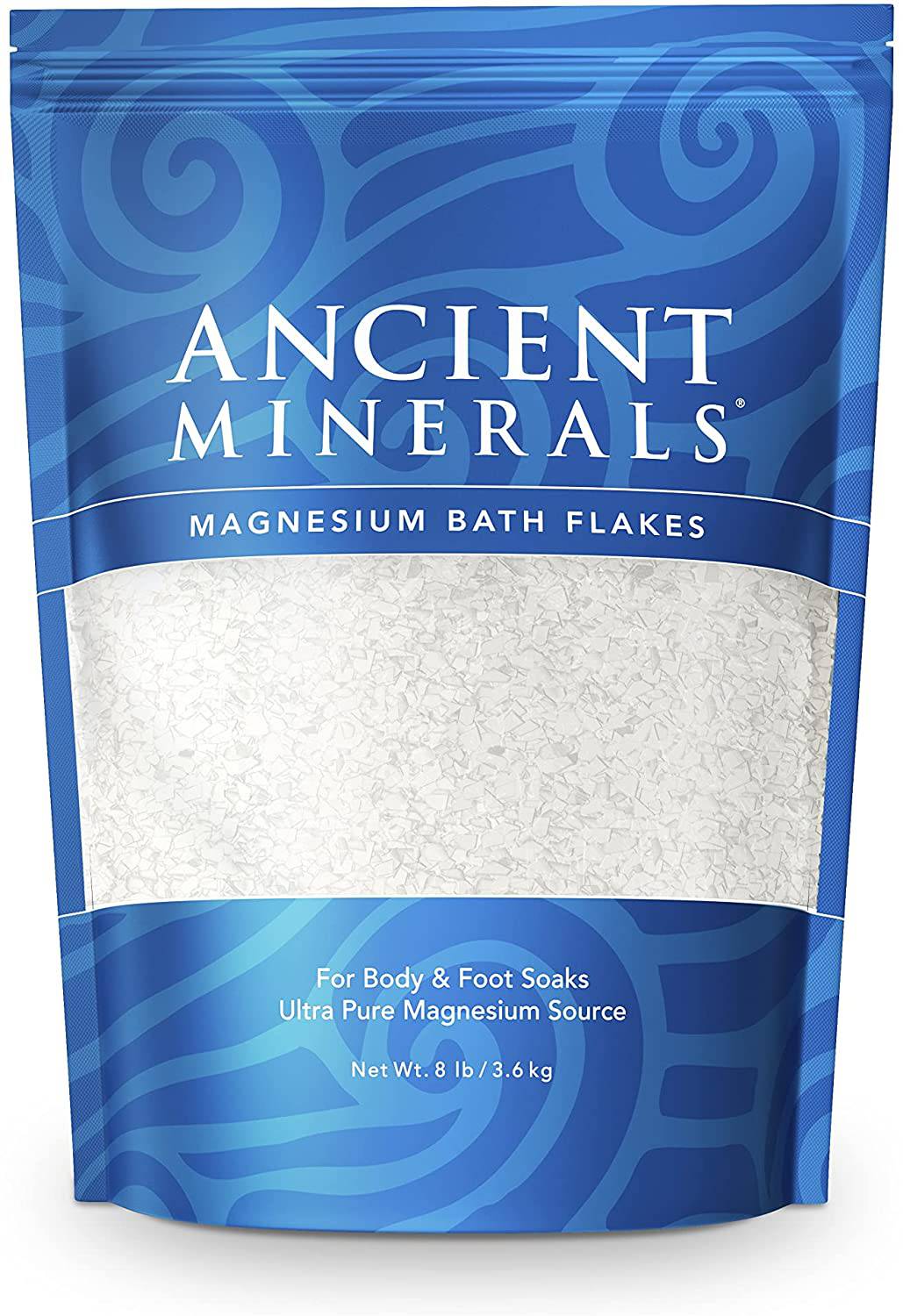 Ancient Minerals - Copos de baño de magnesio, alternativa de baño a la sal de Epsom, remojo en sales naturales, alta eficiencia de absorción para relajación, bienestar y alivio muscular, 8 libras