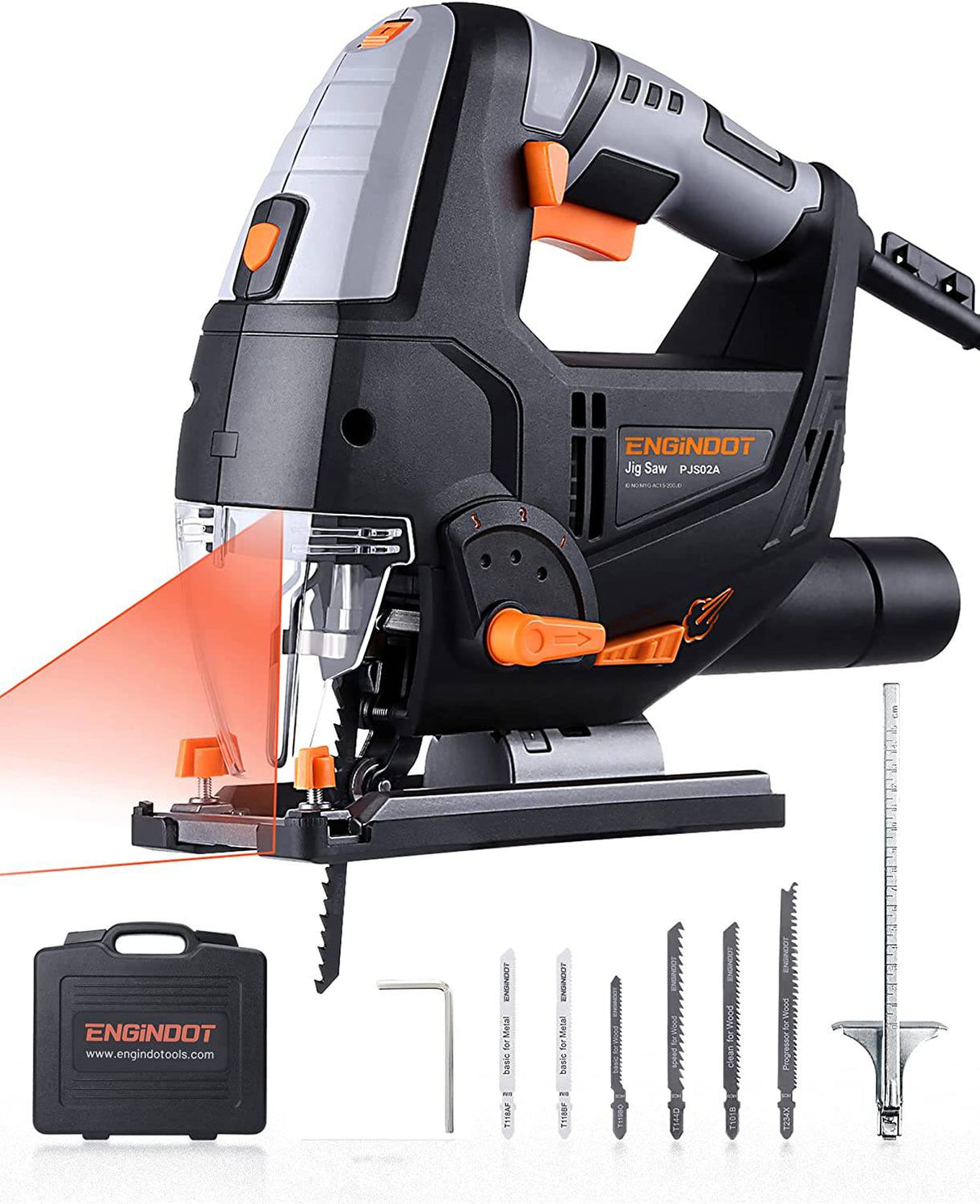 Sierra caladora ENGiNDOT de 6,7 amperios, 6 velocidades variables (800-3000 SPM) de 800 W con láser y LED, 4 juegos orbitales, 6 cuchillas, corte biselado de 45°, regla de escala, soplado de polvo para corte de madera, metal y plástico - DIGVICE MX