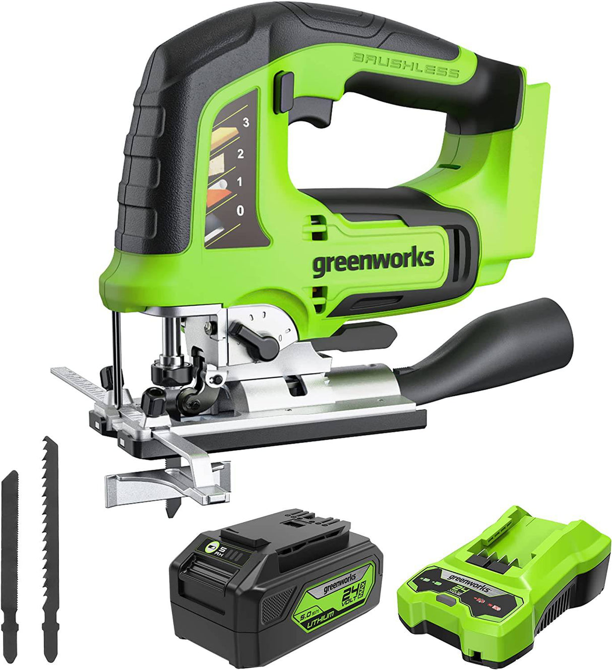 Greenworks 24V Brushless Jig Saw Kit, 4Ah USB (Power Bank) Batería y cargador - DIGVICE MX
