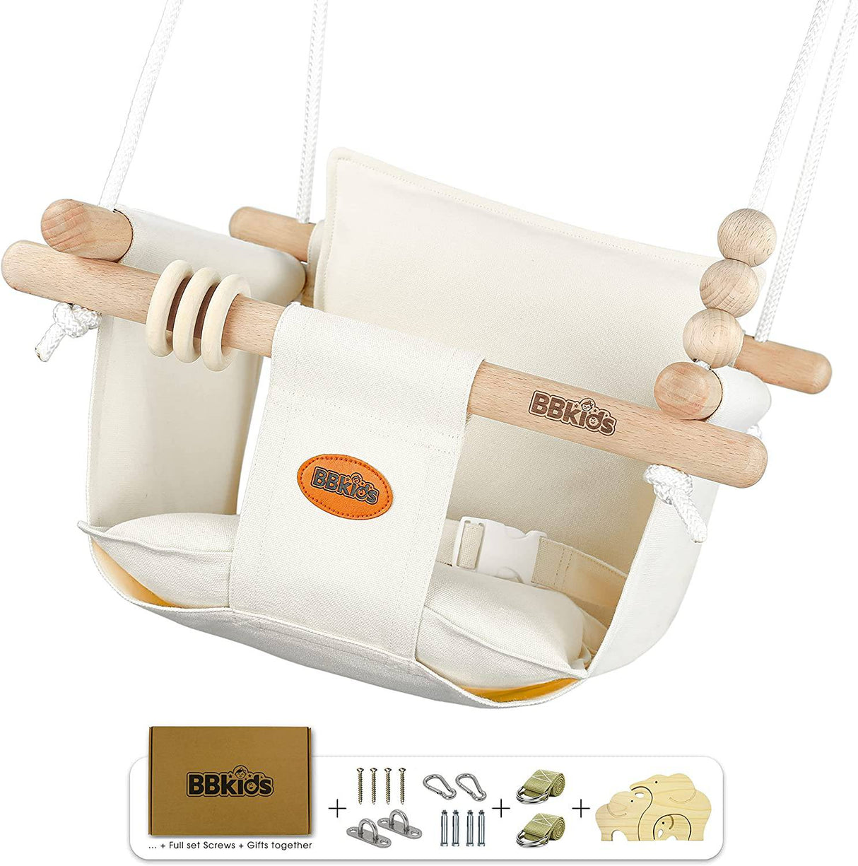 Columpio para bebé BBkids para exteriores e interiores, columpio colgante de lona para bebé, columpio para árbol de bebé para niños pequeños, madera de haya no mohosa, no maliciosa, juego completo de tornillos de techo (crema) - DIGVICE MX