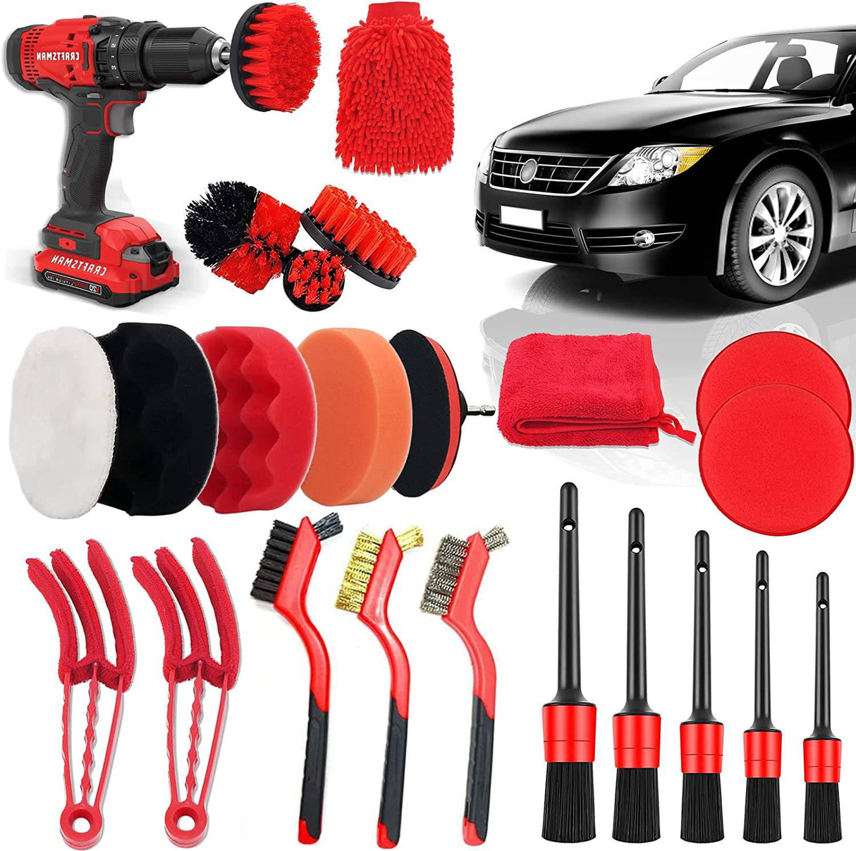 SVNEDI Kit de detalles de automóviles, juego de brochas de perforación para detalles de automóviles, paquete de 23 que incluye cepillos de perforación de automóviles, almohadillas de pulido, cepillos de detalles, manopla de lavado/esponja