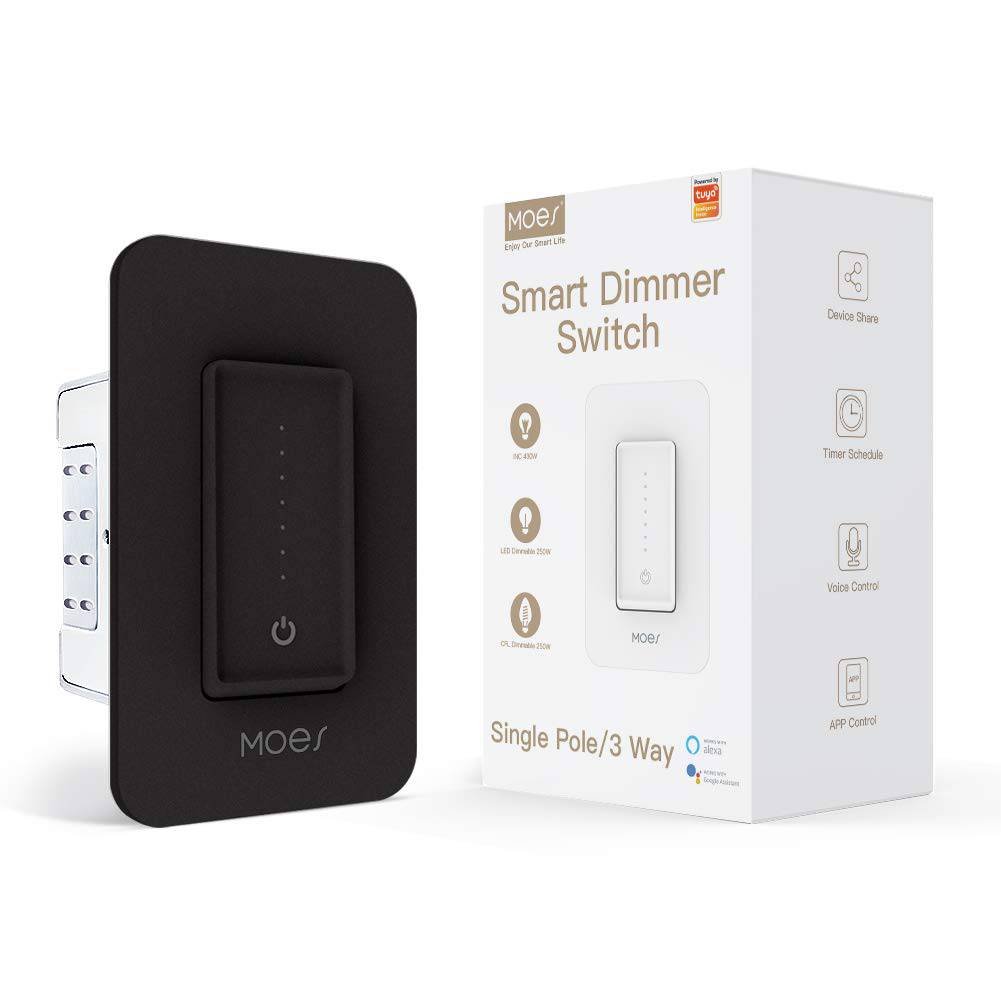MOES WiFi Smart Light Dimmer Switch, requiere cable neutro, no requiere concentrador, control remoto Smart Life/Tuya APP, compatible con Alexa Google Home para control de voz, ETL y FCC listado unipolar negro - DIGVICE MX