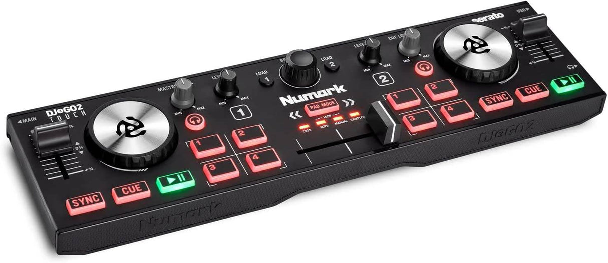 Numark DJ2GO2 Touch - Controlador de DJ USB compacto de 2 decks para Serato DJ con mezclador/crossfader, interfaz de audio y jog wheels táctiles capacitivos
