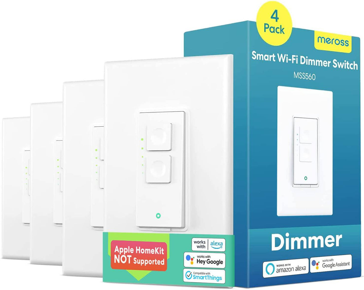 MEROSS Interruptor de atenuación inteligente de un solo polo - Meross Interruptor de luz WiFi inteligente para LED regulable, compatible con Alexa, Asistente de Google, cable neutro requerido 4PK - DIGVICE MX