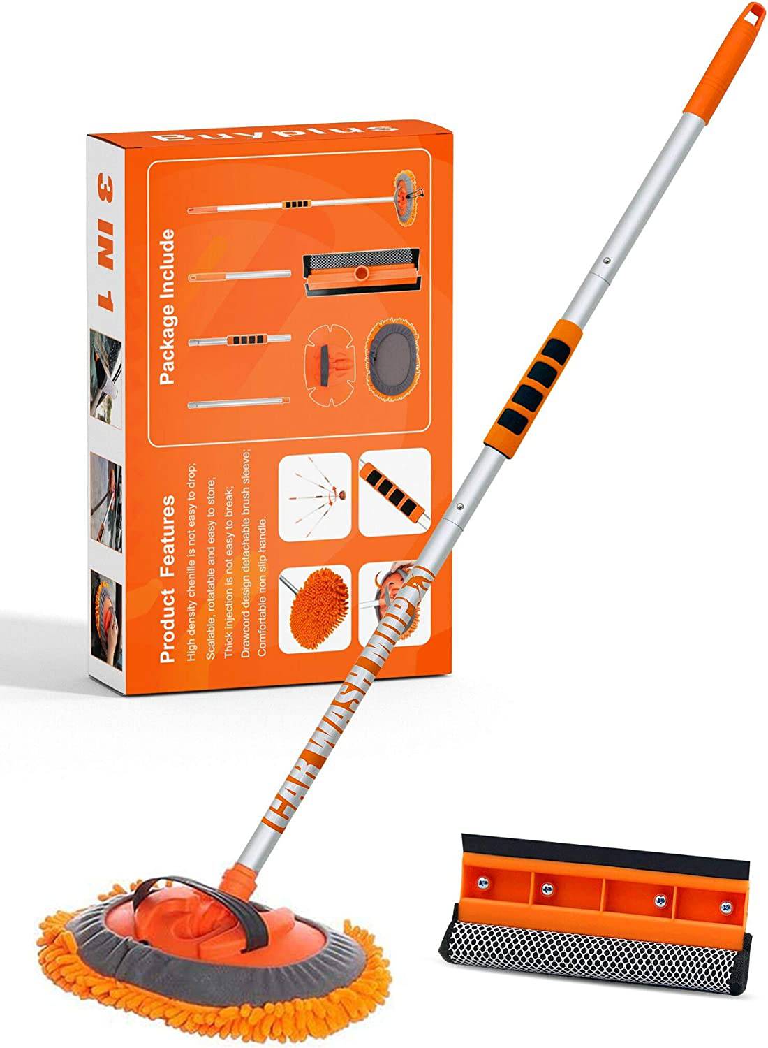 Buyplus - Fregona con cepillo para lavado de coche con mango largo de aleación de aluminio de 46 pulgadas, kit de limpieza de coche de microfibra de chenilla 3 en 1, cepillo para polvo, no daña la pintura