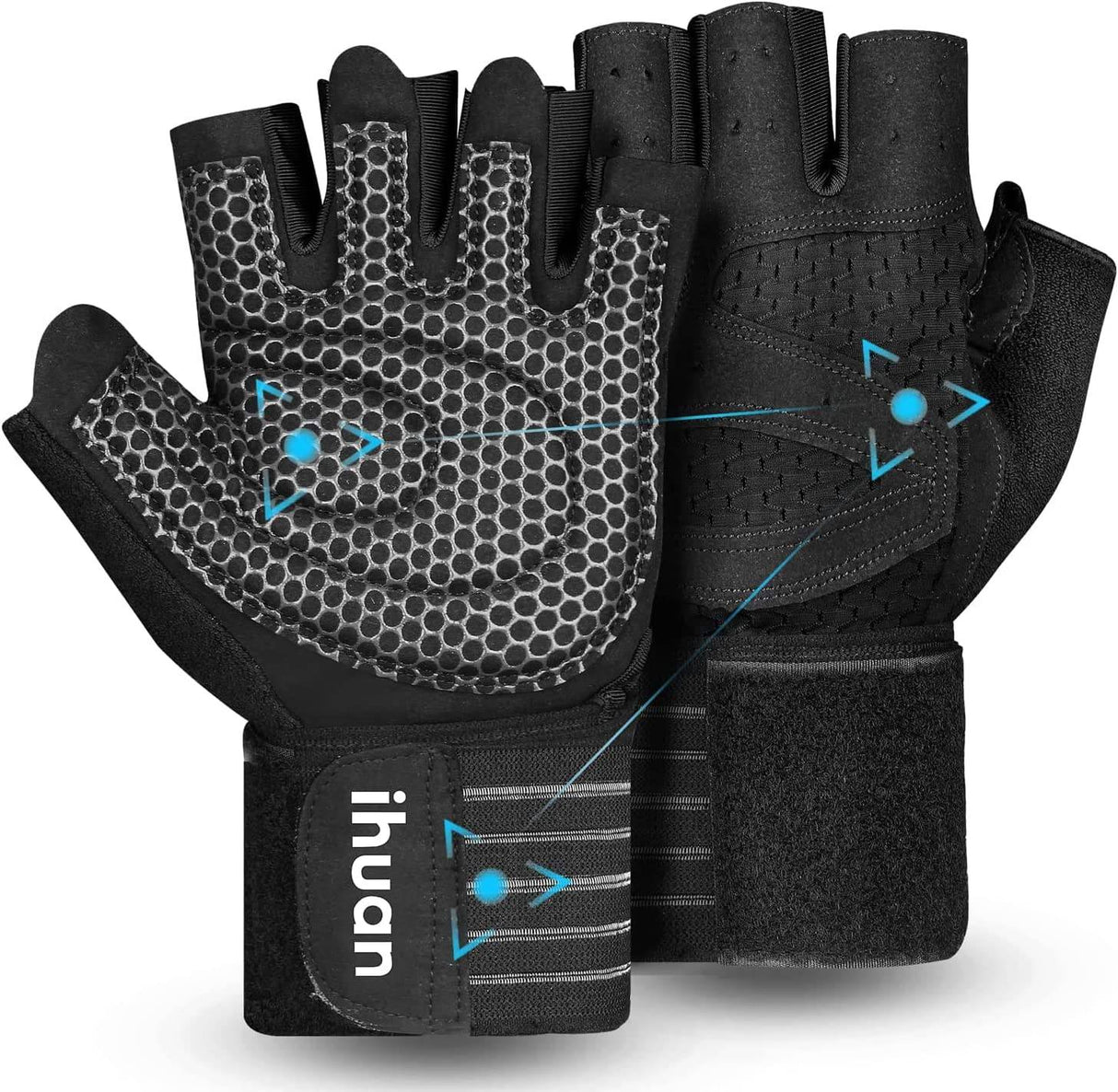 ihuan - Guantes ventilados para levantamiento de pesas, gimnasio, entrenamiento, con muñequera, para hombres y mujeres
