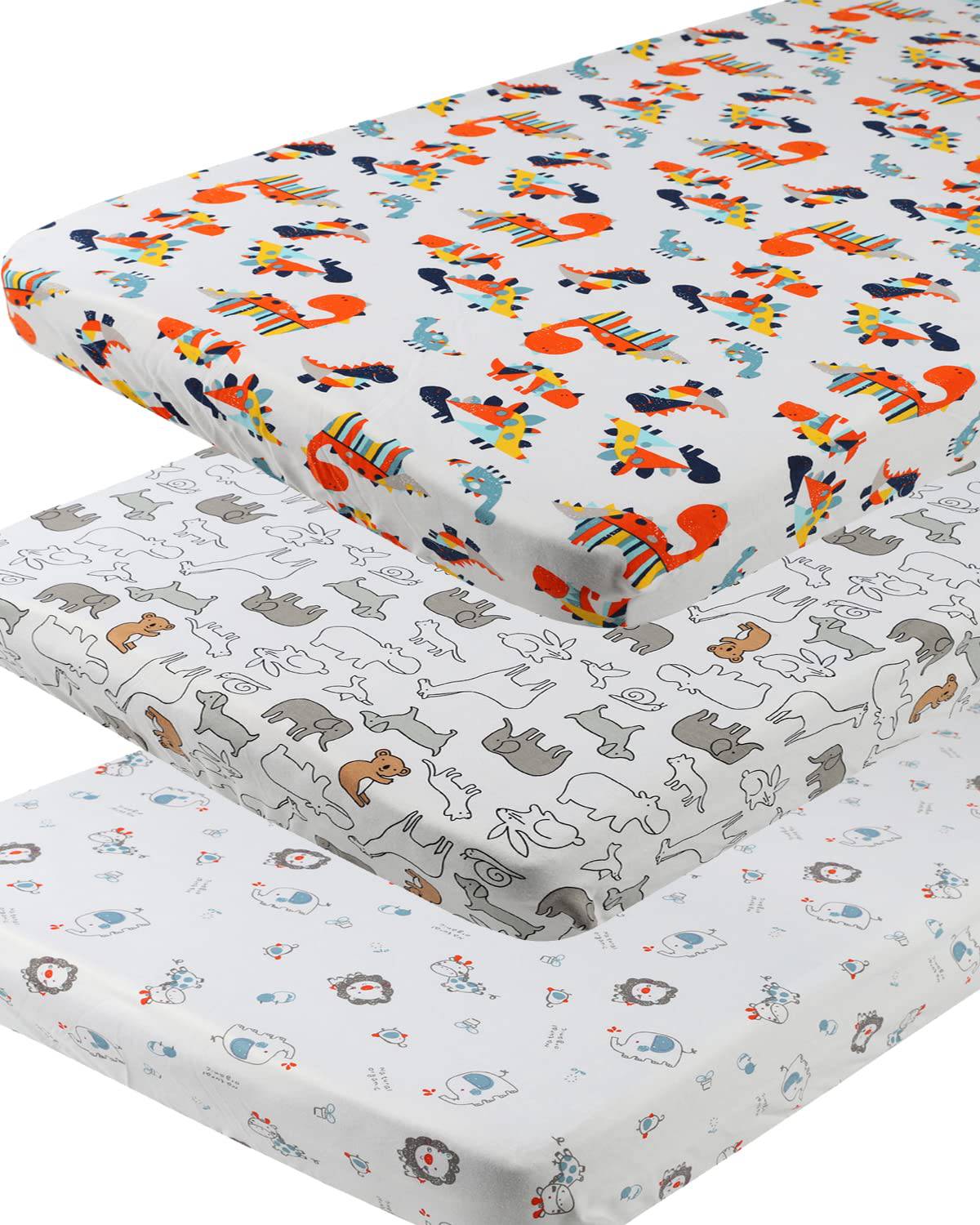 KNLPRUHK - Pack n Play Playard Juego de sábanas, 3 unidades, 100 % algodón de punto jersey, sábanas ajustables portátiles para minicuna, para bebé, niño, ultrasuave, elástico, lindo dinosaurio, elefante, león, caballo, koala - DIGVICE MX