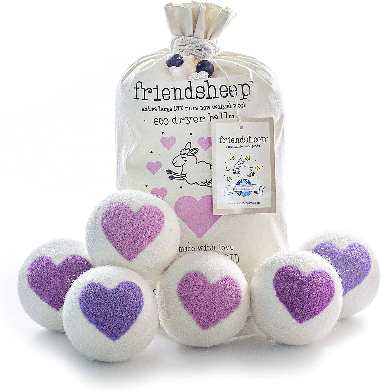 Friendsheep - Pelotas de lana orgánica para secadora, color rosa y morado, paquete de 6 XL, premium, reutilizables, libres de crueldad, hechas a mano, comercio justo, sin pelusa, suavizante de telas, Lovely Day - DIGVICE MX