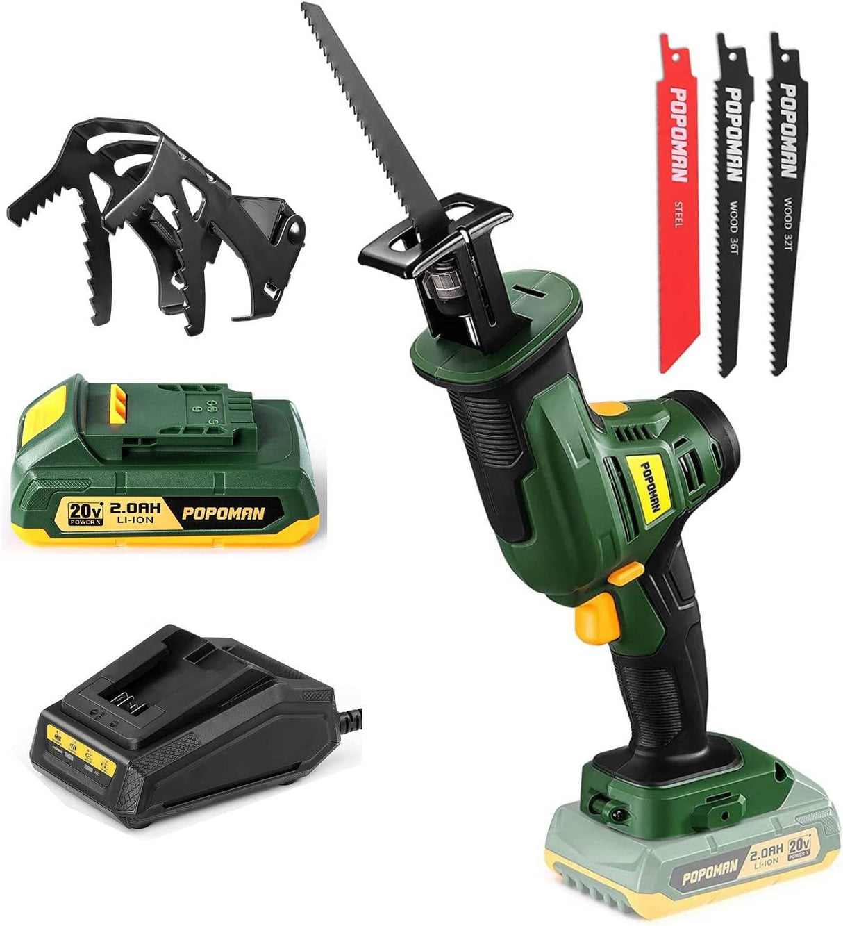 POPOMAN PMRS01D Sierra de sable inalámbrica de 20 V con mordaza de sujeción, velocidad variable de 0 a 2800 SPM, con batería de 2,0 Ah y cargador rápido de 1 H, longitud de carrera de 4/5" (20 mm), 3 cuchillas para corte de metal y madera - DIGVICE MX