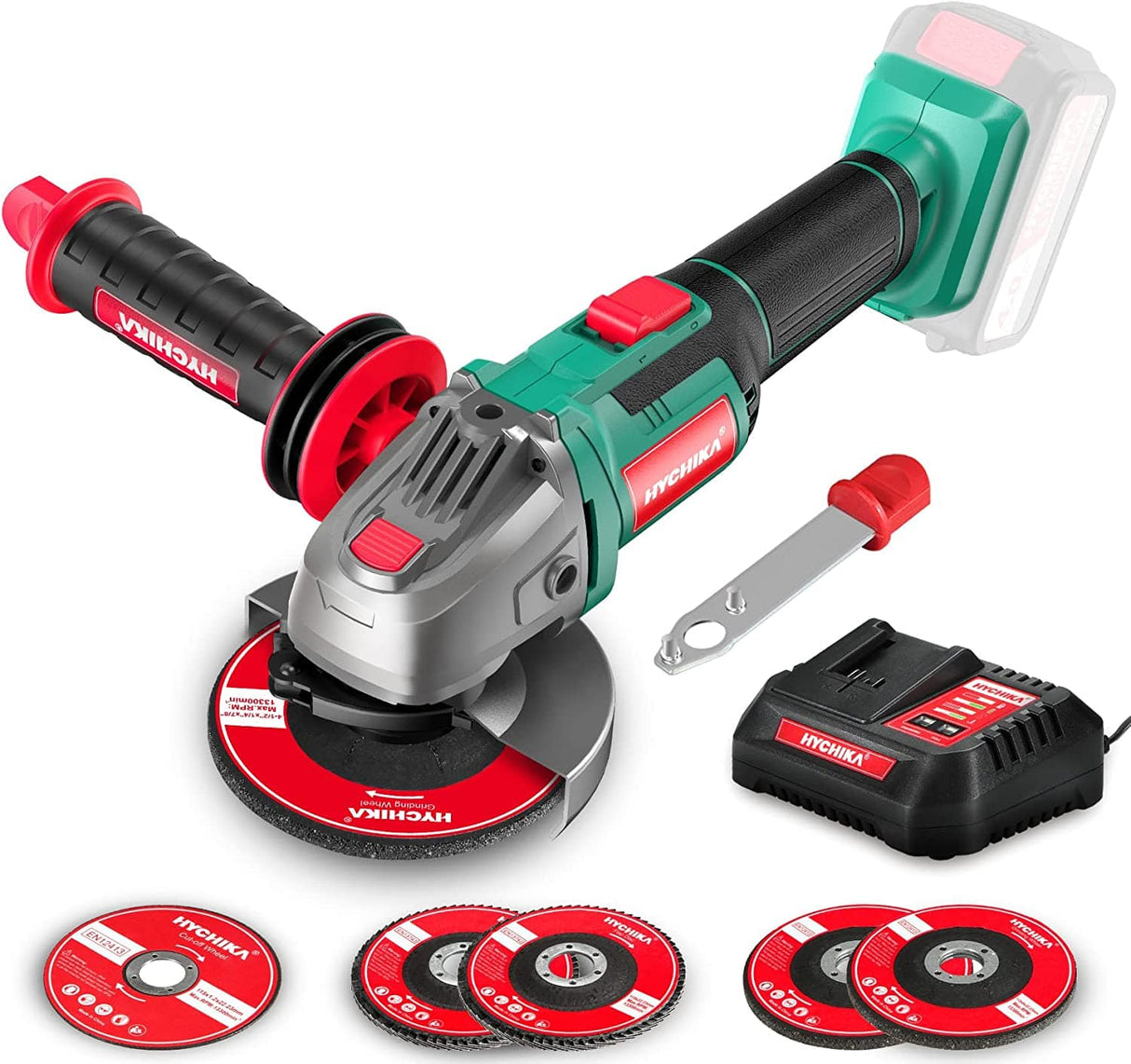 Amoladora angular de 20 V HYCHIKA, amoladora inalámbrica con batería de 4,0 Ah y cargador rápido, 8500 RPM, 5 discos de 4-1/2 pulgadas, mango auxiliar de 3 posiciones para cortar y amolar - DIGVICE MX