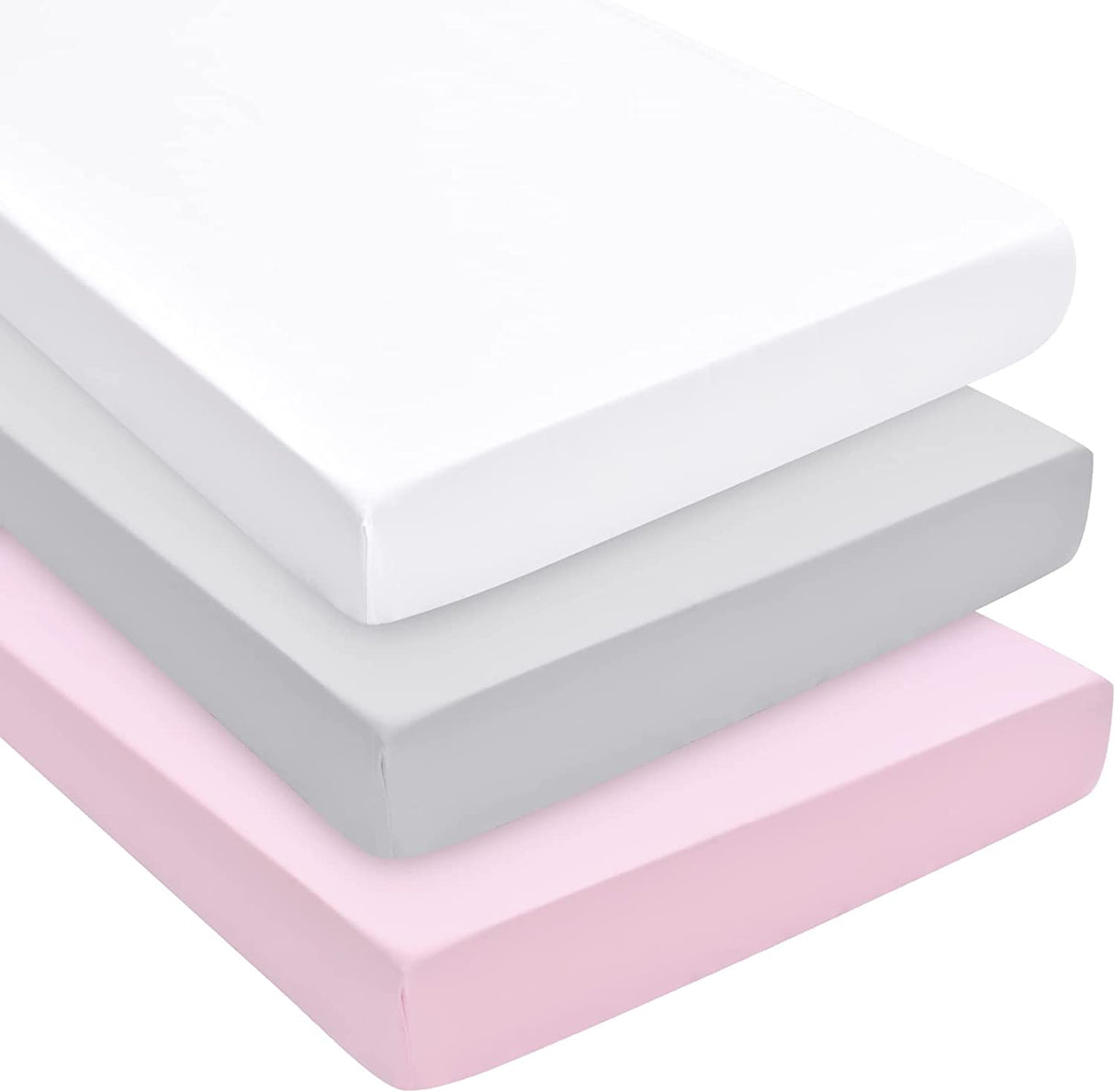David's Kids Juego de sábanas cómodas para minicuna, paquete de 3 sábanas sedosas Pack N Play para bebés, ajuste universal para colchones Pack N Play, Playard y minicuna, blanco, gris claro y rosa - DIGVICE MX