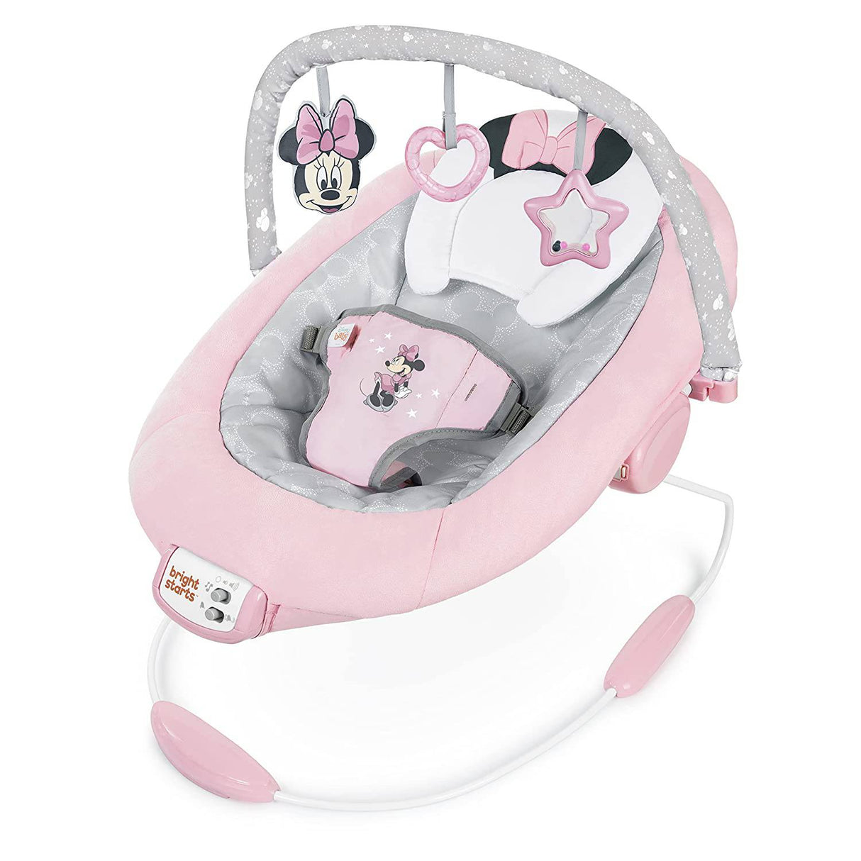 Bright Starts Minnie Mouse Rosy Skies Baby Bouncer con asiento vibratorio para bebés, música y 3 juguetes para jugar, 23 x 19 x 23 pulgadas (rosa) - DIGVICE MX