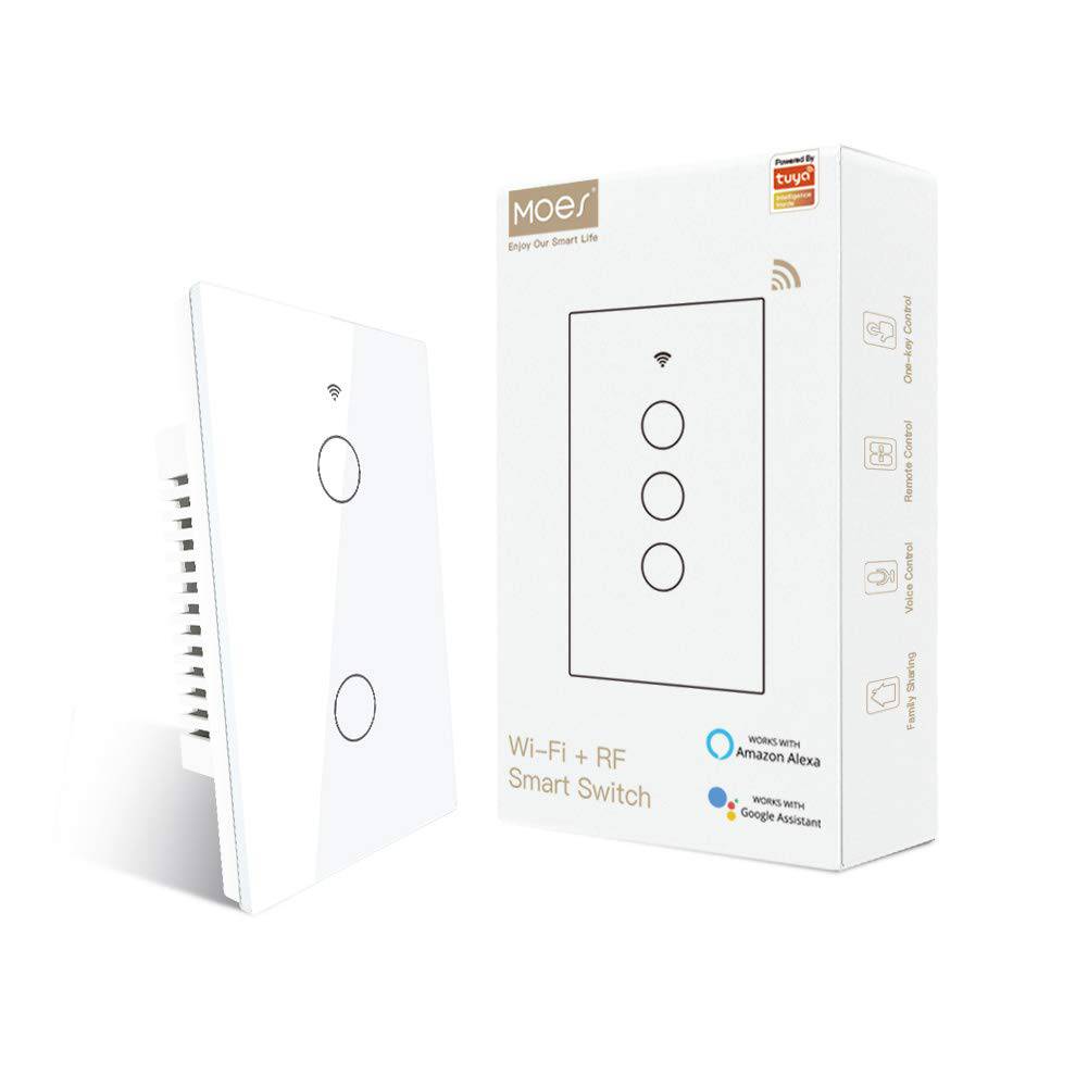 MOES 2.4GHz WiFi Wall Touch Smart Switch Neutral Wire Requiere, 3 Way Multi-Control, Glass Panel Light Switch Funciona con Smart Life/Tuya App, RF433 Remote Control, Alexa y Google Home White 2 Gang - DIGVICE MX