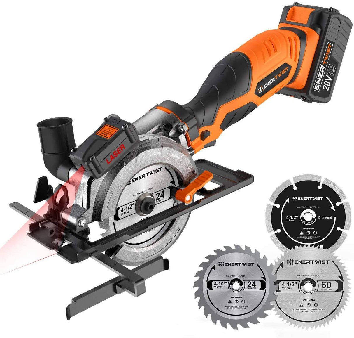 Sierra circular inalámbrica EnerTwist de 20 V máx. de 4-1/2" con batería de litio de 4,0 Ah y cargador, incluye láser y guía paralela, hojas de corte multifunción de metal blando de plástico para madera, adaptador de aspiradora, ET-CS-20C... - DIGVICE MX