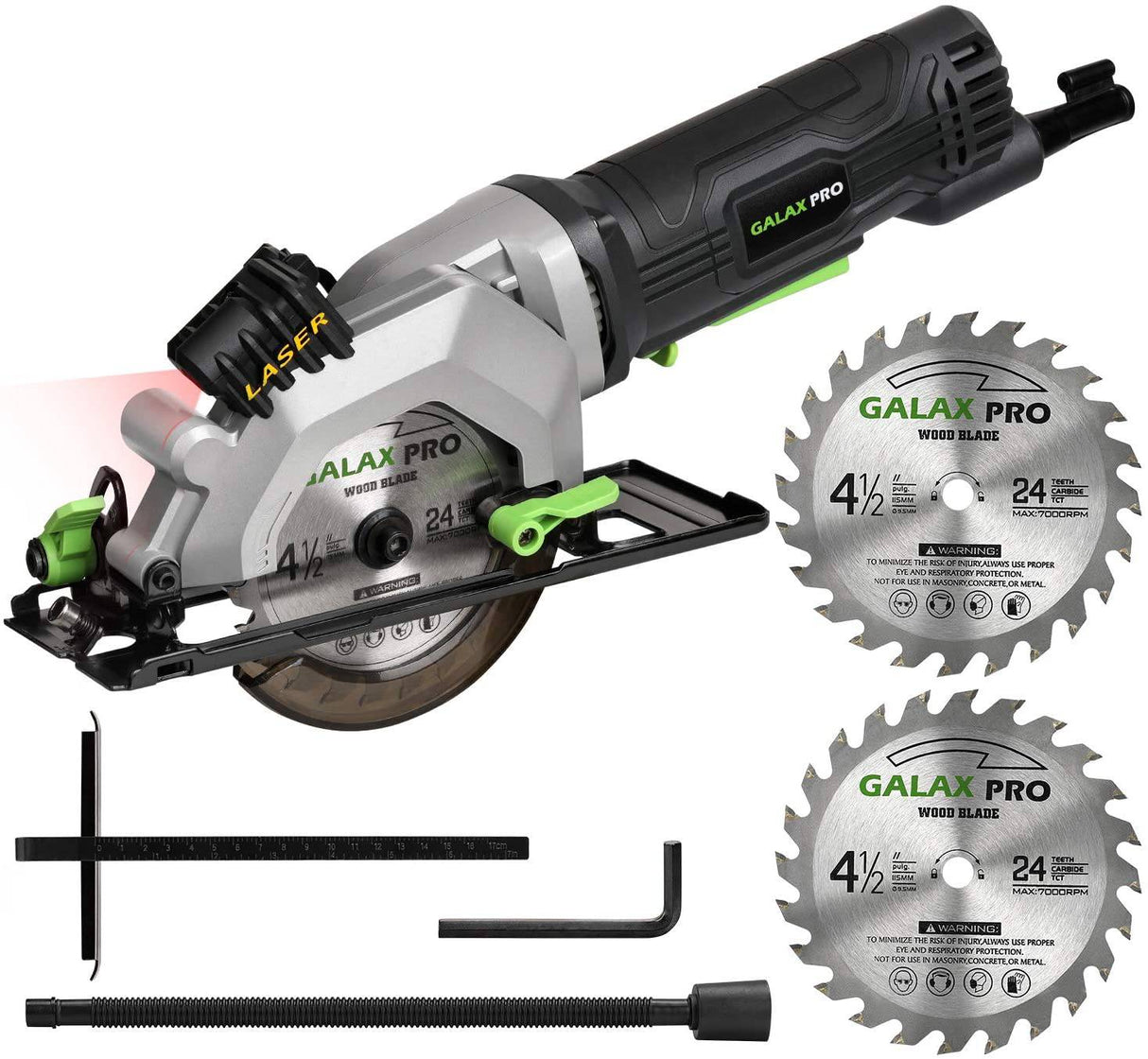 Sierra circular GALAX PRO 4Amp 3500 RPM con guía láser, máx. Profundidad de corte 1-11/16"(90°), 1-1/8"(45°)Sierra compacta con hoja TCT de 4-1/2" 24T, adaptador de vacío, llave para hoja y guía de corte al hilo - DIGVICE MX