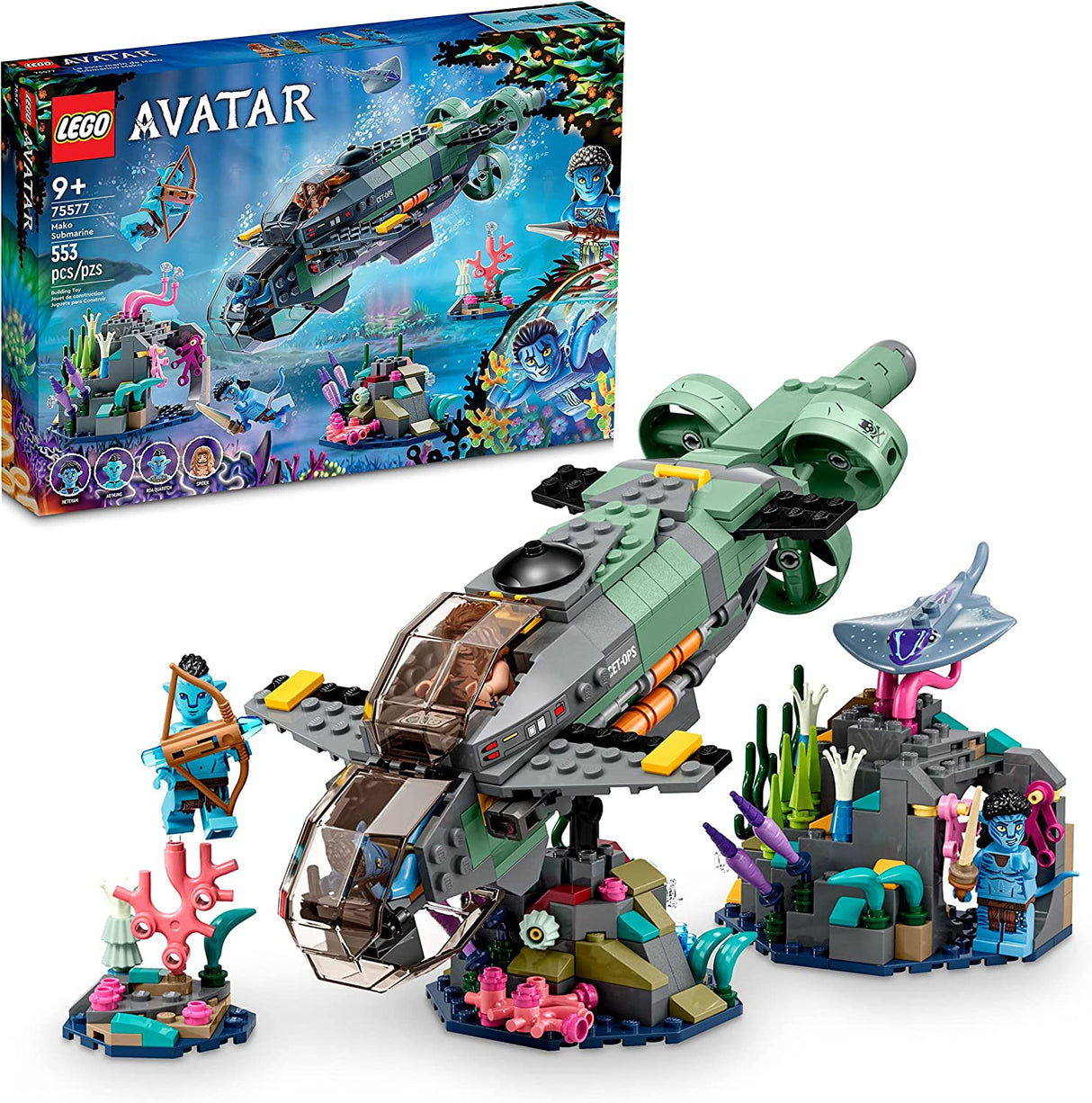 LEGO Avatar: The Way of Water Mako Submarine 75577 Juego de juguetes de construcción para niños, niños y niñas a partir de 9 años (553 piezas)