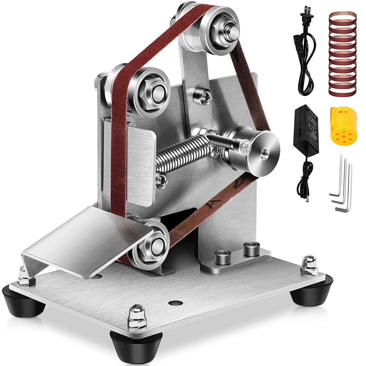 OLenyer - Mini lijadora de banda, amoladora de banco eléctrica, pulidora eléctrica, 7 pulidoras de velocidad variable ajustables con 3 llaves, 10 bandas - DIGVICE MX