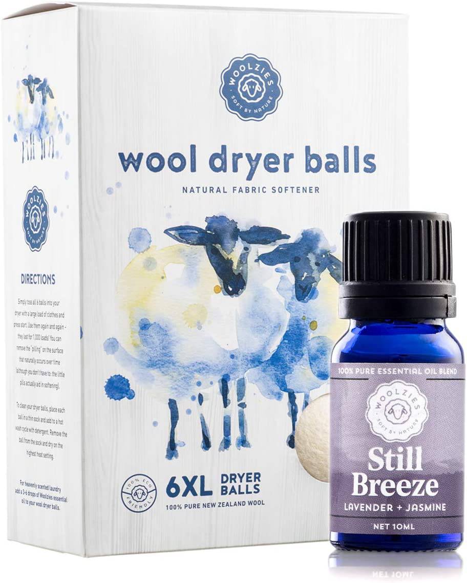 Woolzies Bolas de lana para secadora orgánicas: 6 bolas de lavandería XL para secadora + 10 ml de aceite esencial Still Breeze Combo para usar como suavizante de telas 100% puro y natural | La mejor colada de ovillos de lana perfumada - DIGVICE MX