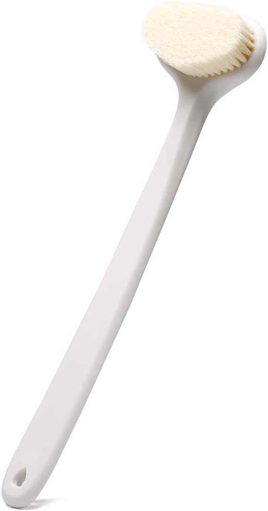 Greenrain - Cepillo corporal de baño mejorado con cerdas cómodas Mango largo Exfoliación suave Mejora la salud y la belleza de la piel Ducha de baño Cepillo corporal de cepillado húmedo o seco (14 pulgadas, blanco)