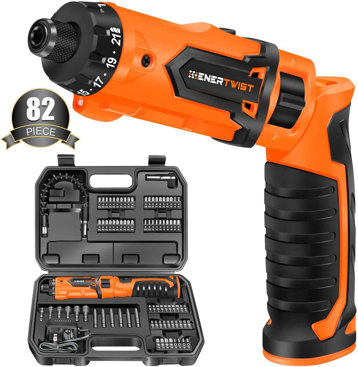 ENERTWIST Destornillador inalámbrico, 8 V máx. 10 Nm, juego recargable con 82 kit de accesorios y cargador en estuche de transporte, 21+1 Cluth, mango de doble posición, luz LED, ET-CS-8 - DIGVICE MX