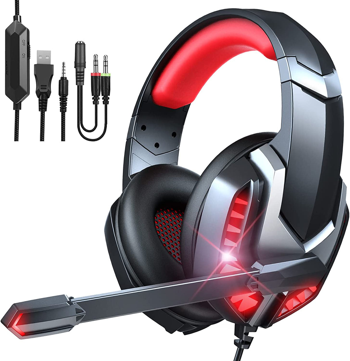 Donerton - Auriculares para juegos, sobre la oreja con micrófono con cancelación de ruido, sonido envolvente de graves estéreo, orejeras de memoria suave, luz LED, auriculares para juegos PS4 compatibles con PC, computadora portátil, PS4, PS5, rojo