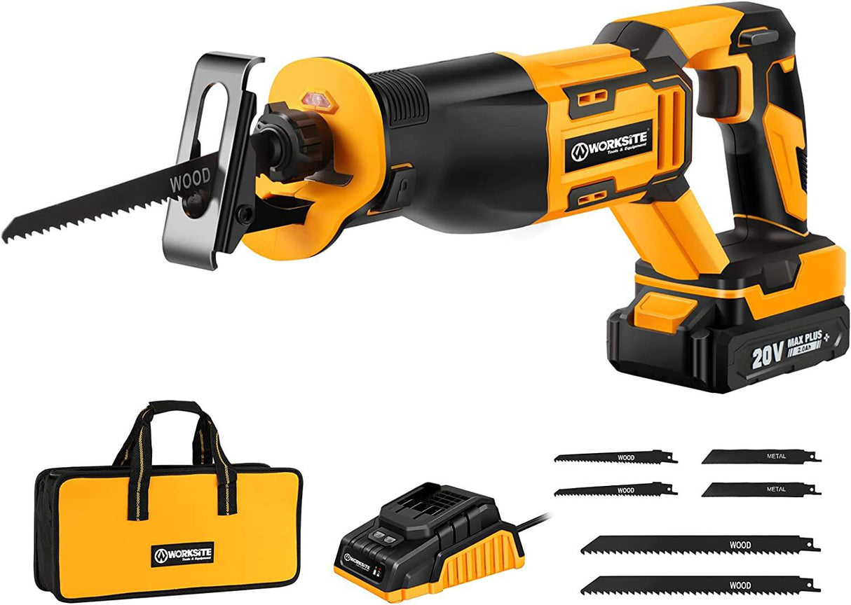 Sierra de sable de WORKSITE, inalámbrica de 20 V con batería de 2,0 Ah y cargador rápido de 1 hora, gatillo de velocidad variable de 0-3000 SPM, 6 hojas de sierra para corte de tuberías de madera/metal/PVC - DIGVICE MX