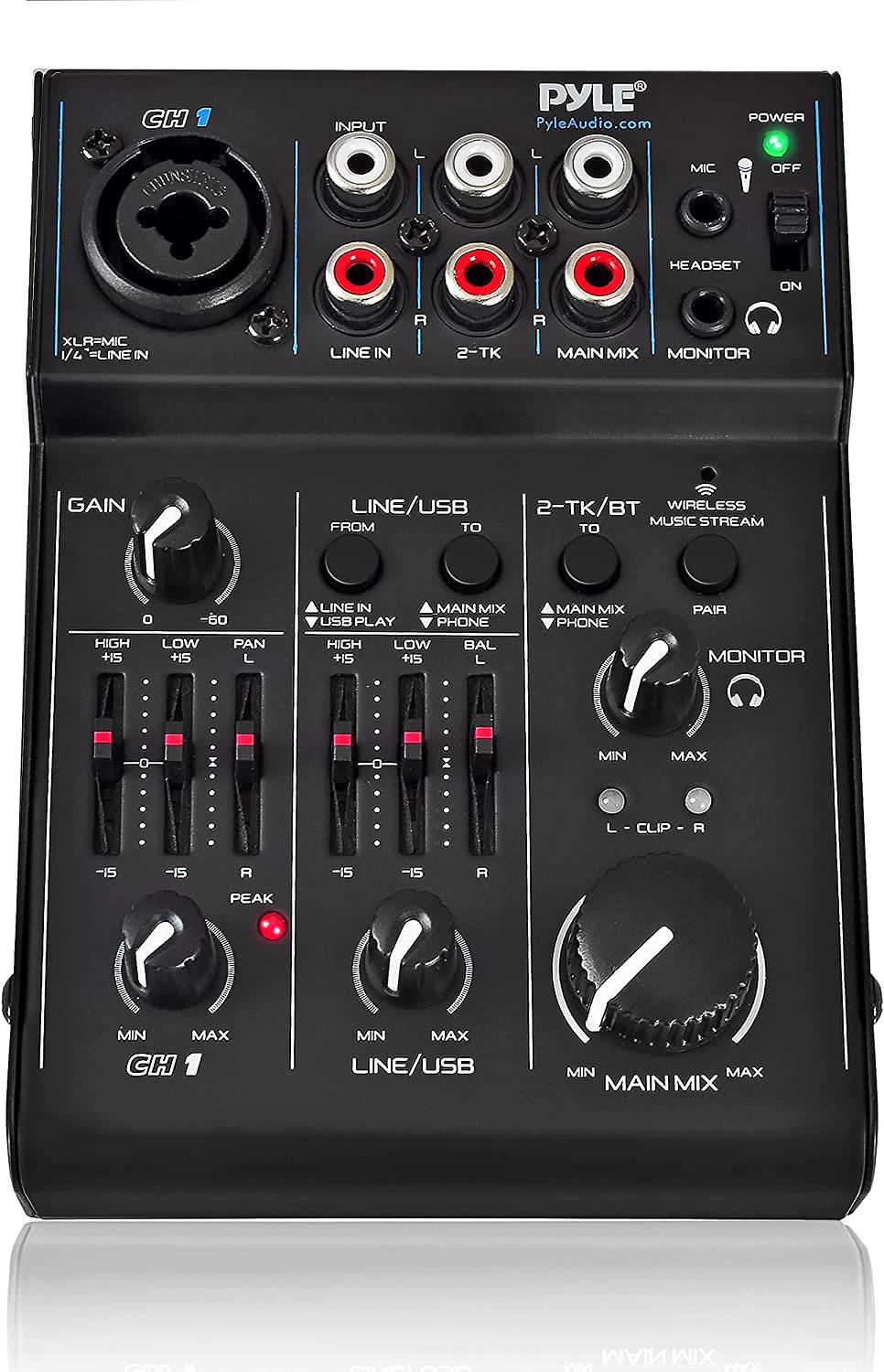 PYLE Mezclador de audio Bluetooth de 3 canales - Interfaz de controlador de sonido DJ, USB para grabación en PC, XLR, conector de micrófono de 3,5 mm, alimentación de 18 V, entrada/salida RCA para profesionales y principiantes - PAD30MXUBT