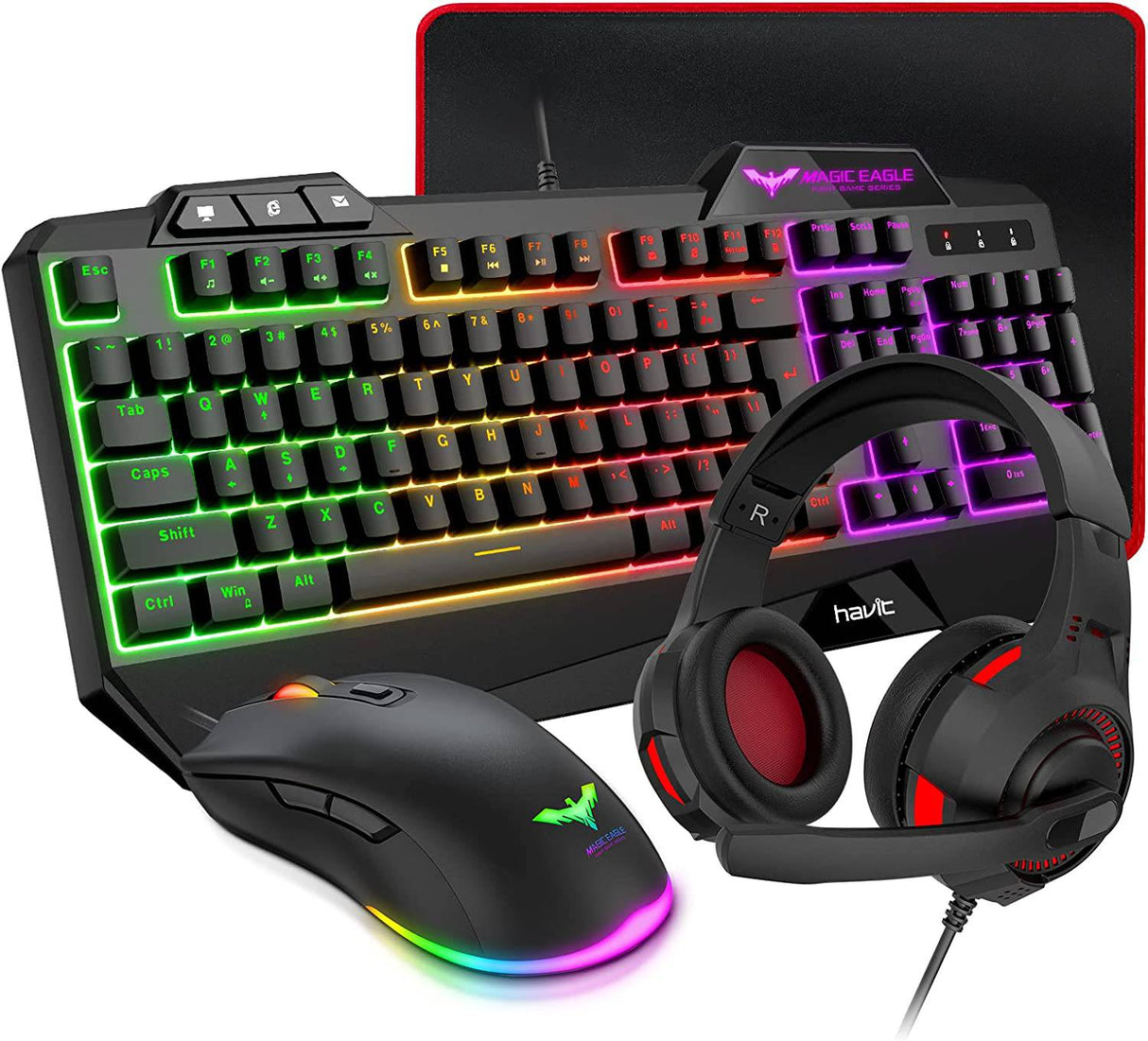 Havit Gaming Keyboard Mouse Headset & Mouse Pad Kit, Rainbow LED Backlit Wired, Over Ear Headphone con micrófono para PC, computadora portátil y más