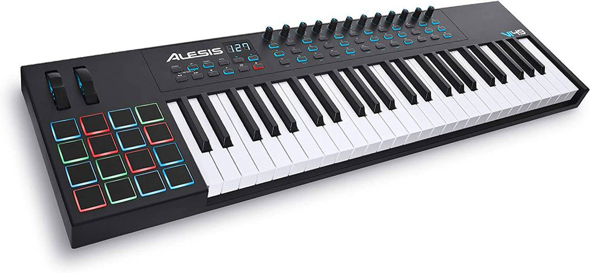 Alesis VI49 - Controlador de teclado MIDI USB de 49 teclas con 16 pads de batería, 12 perillas asignables, 36 botones y salida MIDI de 5 pines, software de producción incluido