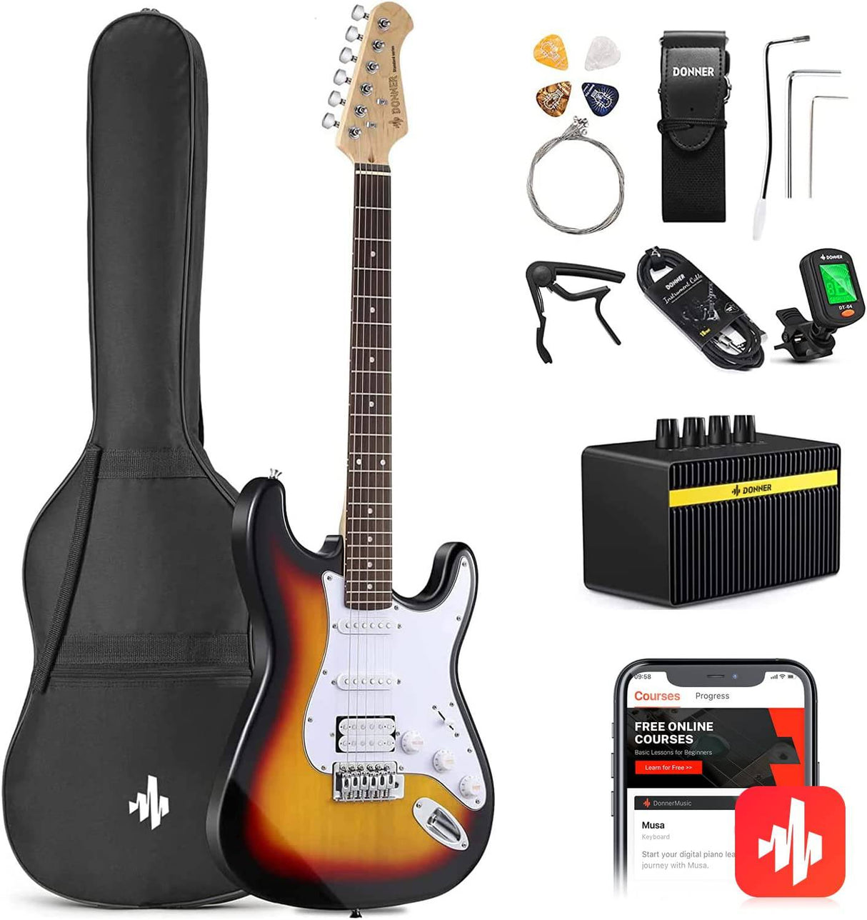 Donner DST-100S Kit de guitarra eléctrica de tamaño completo de 39 pulgadas Sunburst de cuerpo sólido, principiantes, con amplificador, bolsa, capo, correa, cuerda, sintonizador, cable, púas