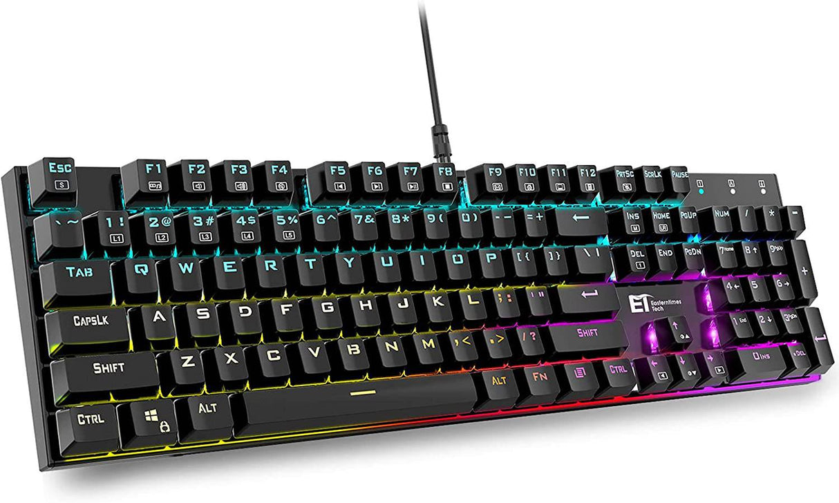 MIQ - Teclado mecánico para juegos, teclado RGB con cable de 104 teclas con interruptor azul, retroiluminación RGB programable para PC para juegos con Windows