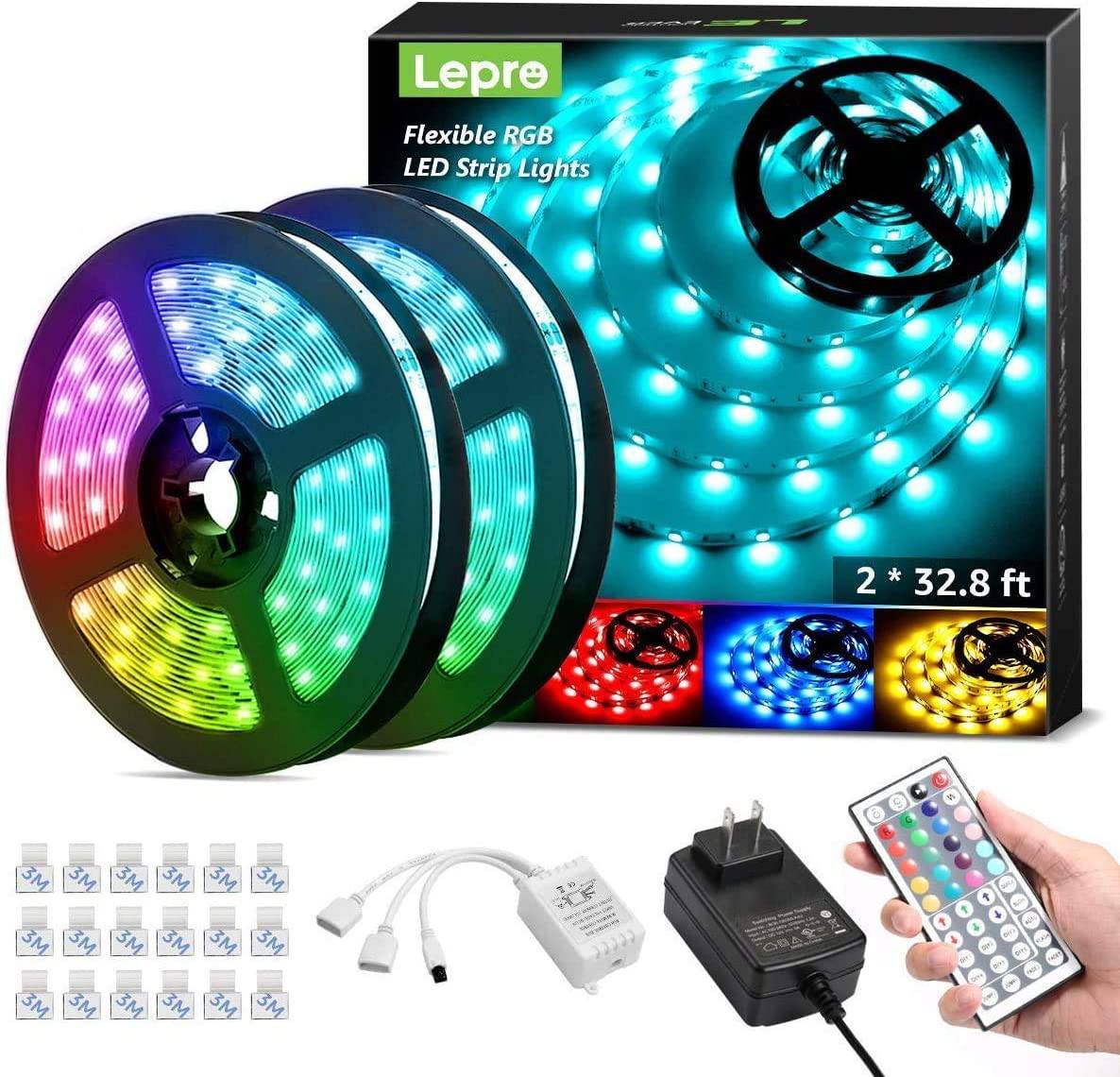 LEPRO - Tira de luces LED Lepro de 65.6 pies, tiras LED RGB 5050 ultralargas con control remoto y clips de fijación, luz de cinta que cambia de color con adaptador ETL de 12 V (32.8 pies 2) - DIGVICE MX