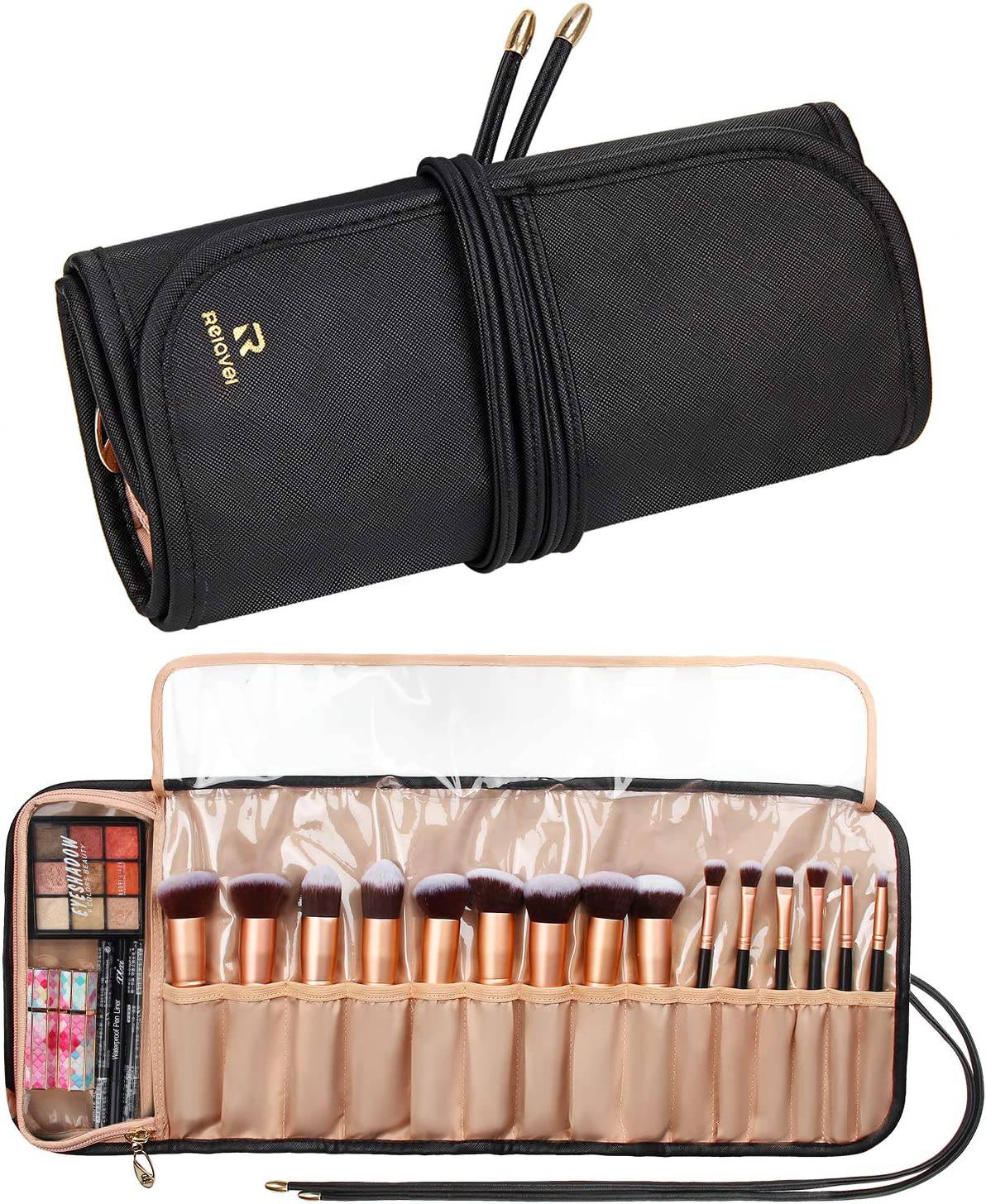 Relavel - Estuche para brochas de maquillaje Estuche para brochas de maquillaje, Estuche de cuero negro con bolsa transparente pequeña