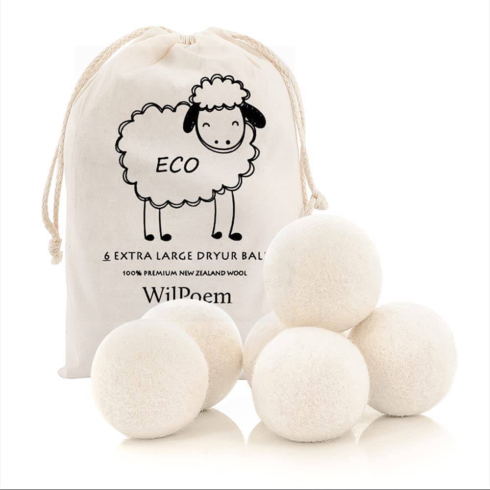 WilPoem New Zealand Nature Wool Dryer Balls - Bola suavizante de tela para pieles sensibles - Ayuda a prevenir las arrugas y reduce la estática - Reutilizable 3000 Clasificación de ciclo - (paquete de 6 XL) - DIGVICE MX