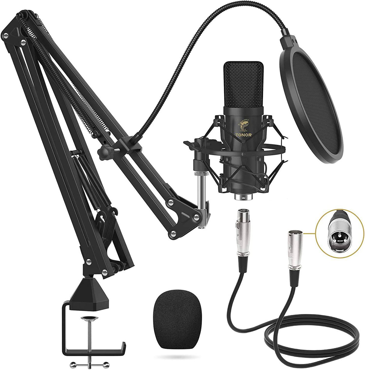 TONOR XLR - Micrófono de condensador, kit de micrófono de estudio cardioide profesional TONOR con brazo de pluma T20, soporte de choque, filtro pop para grabación, podcasting, voz en off, transmisión, Home Studio, YouTube (TC20)