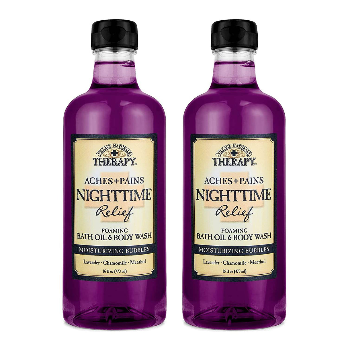 Village Naturals Therapy, aceite de baño espumoso y gel de baño, alivio nocturno de dolores y dolores, 16 oz, paquete de 2