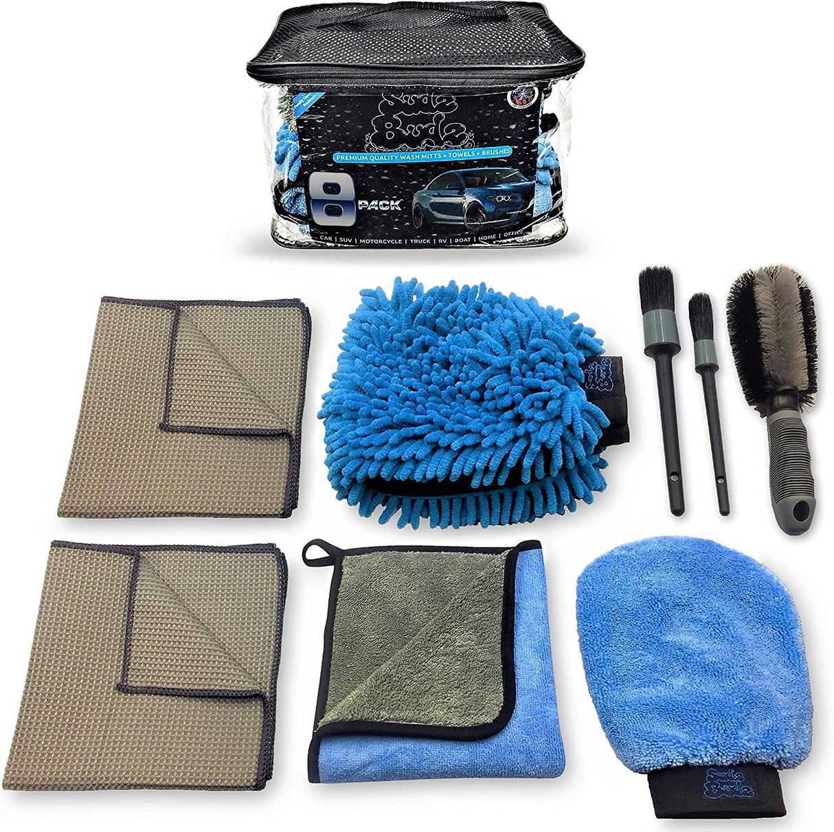 Sudz Budz Premium Kit de lavado de autos de microfibra 8 piezas | Manoplas multiusos para lavado de autos, juego de toallas de microfibra, cepillo para ruedas, juego de cepillos para detalles de autos