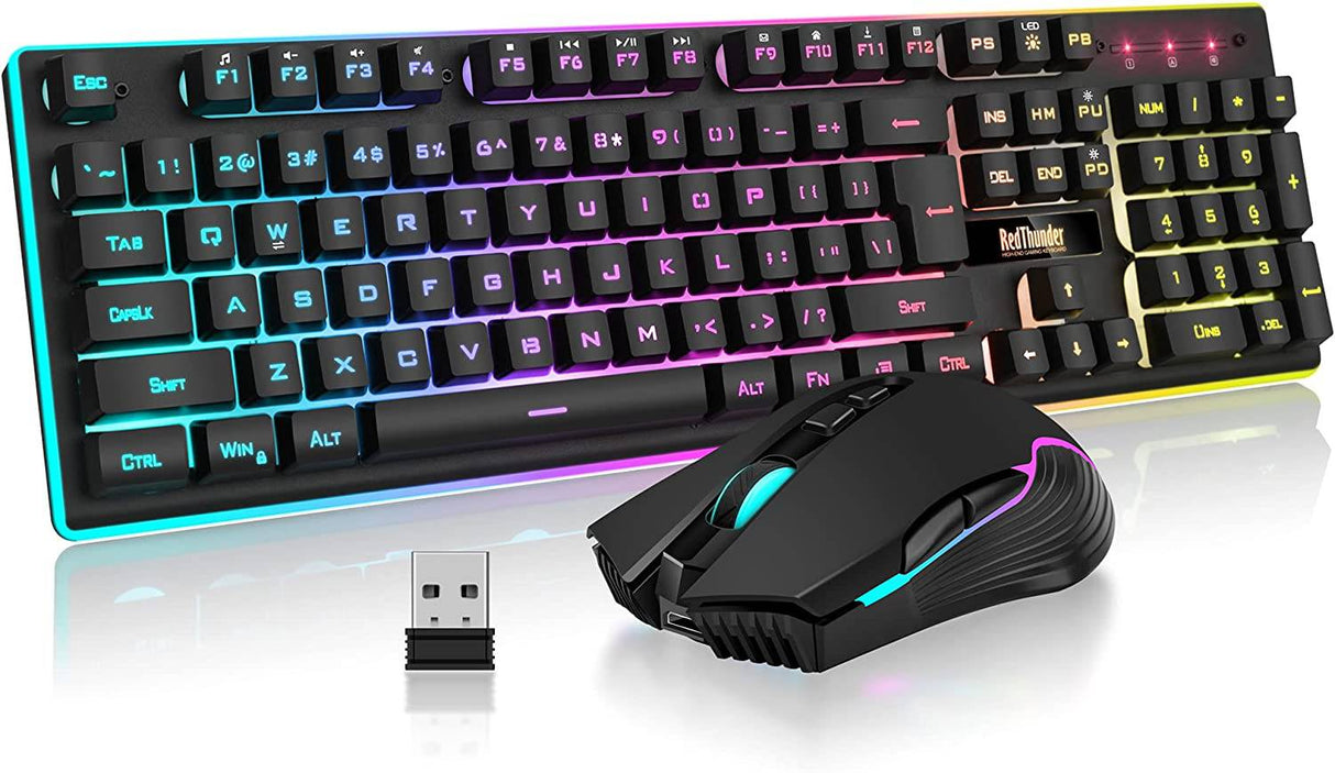 RedThunder K10 Combo de teclado y mouse inalámbricos para juegos, batería recargable con retroiluminación LED de 3800 mAh, teclado mecánico anti-fantasma + ratones 7D 3200DPI para PC Gamer (negro)