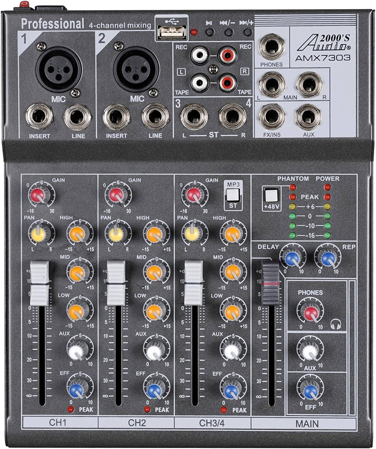 Audio2000'S AMX7303 Mezclador de audio profesional de cuatro canales con USB y procesador DSP