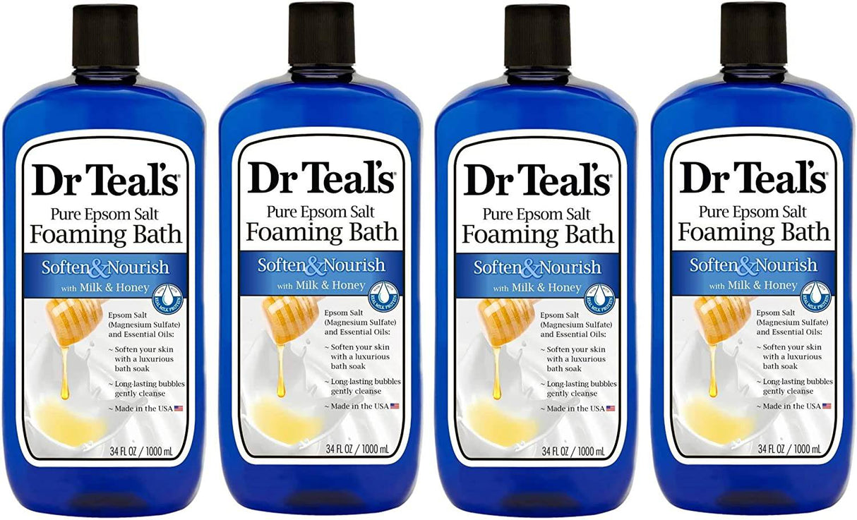 Dr Teal's Foaming Bath paquete de 4 (136 fl oz en total), suavizar y nutrir con leche y miel