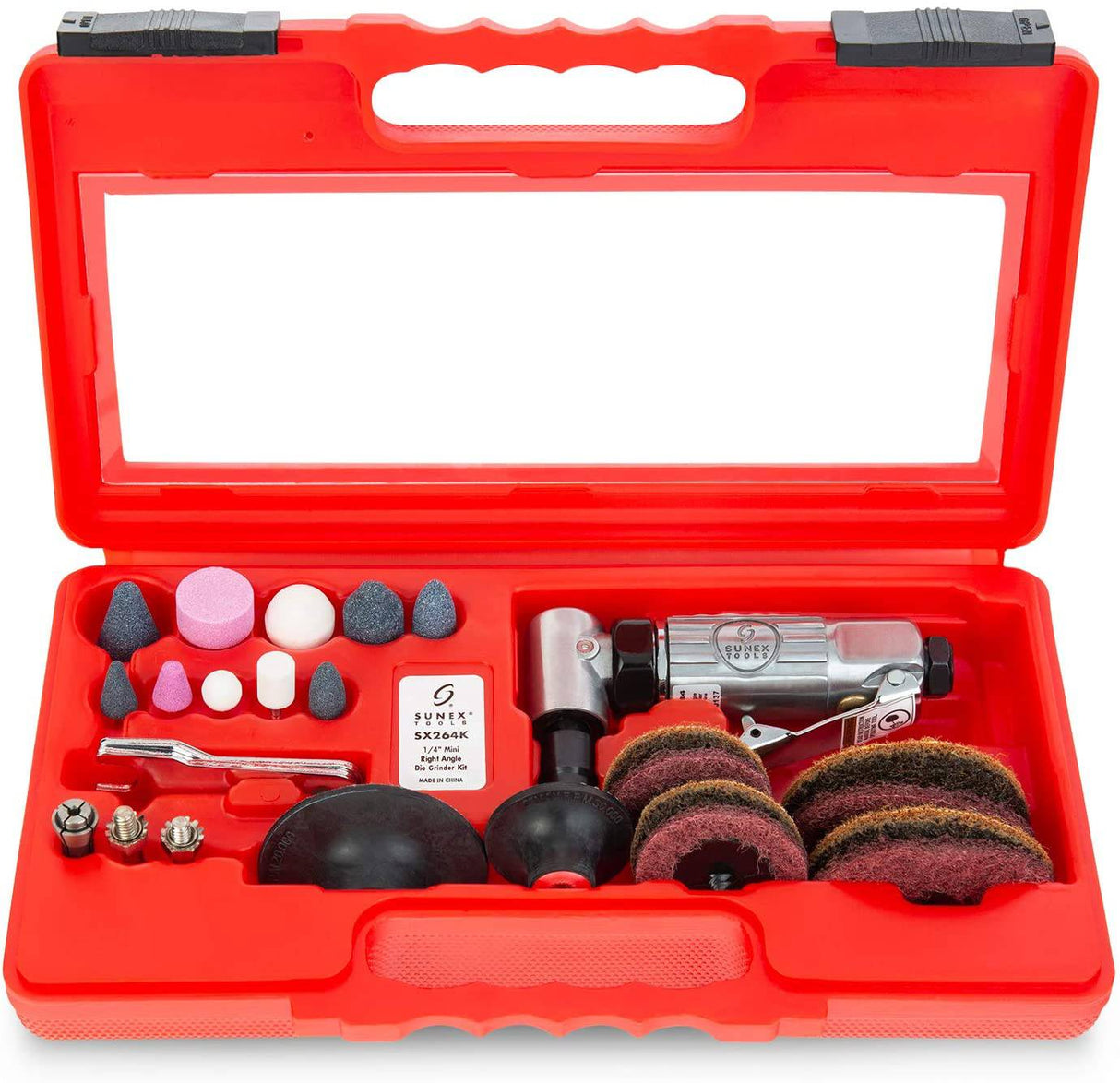SUNEX TOOLS SX264K, kit de molinillo de aire de ángulo recto mini de 1/4 pulgadas con regulador de velocidad, acelerador de seguridad, construcción de rodamientos de bolas y estuche de almacenamiento, 20000 RPM - DIGVICE MX