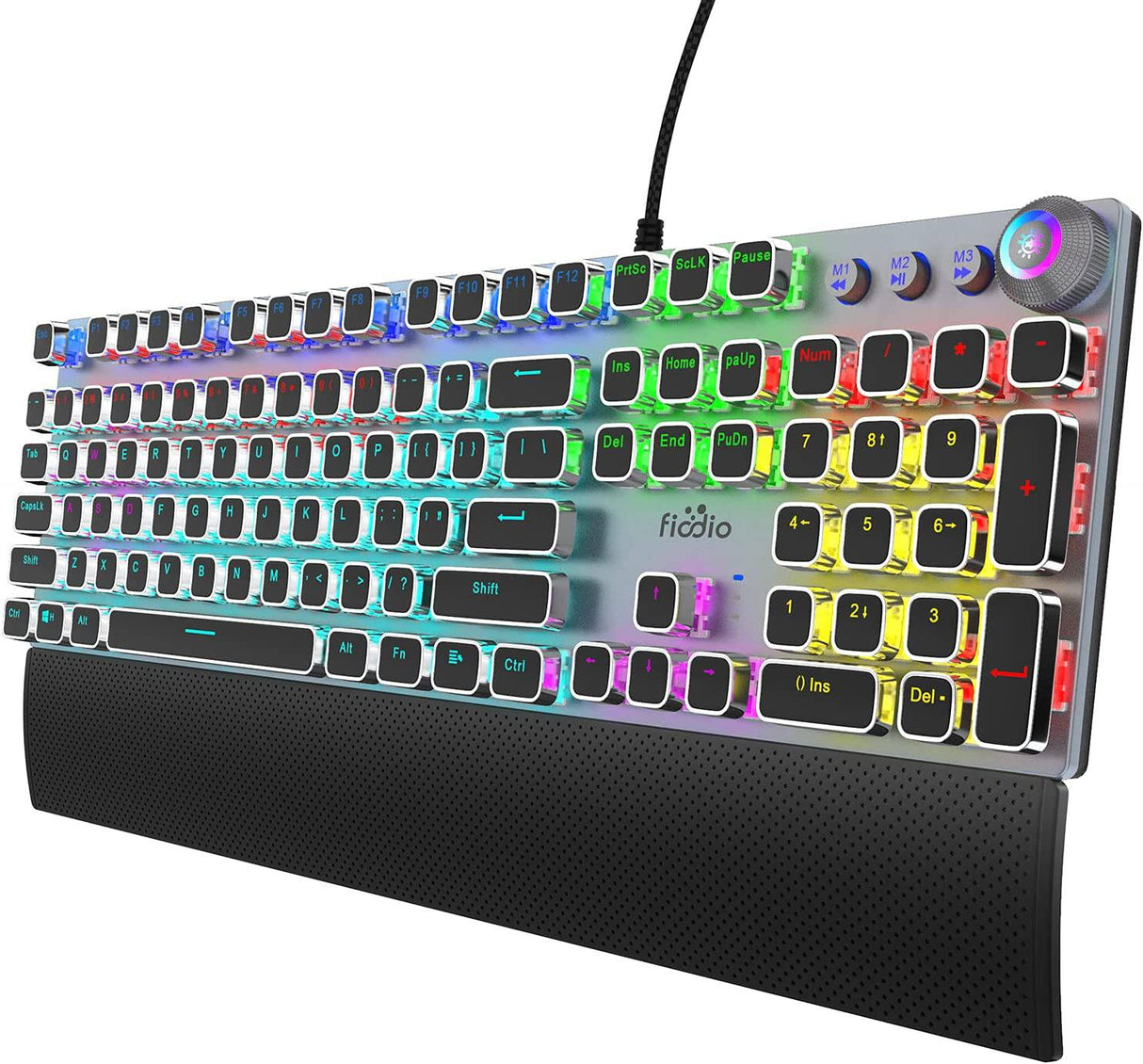 Fiodio - Teclado mecánico para juegos, retroiluminación LED Rainbow Gaming, 104 teclas anti-efecto fantasma, interruptores negros de respuesta rápida, control multimedia para PC y computadora de escritorio, con reposamanos extraíble