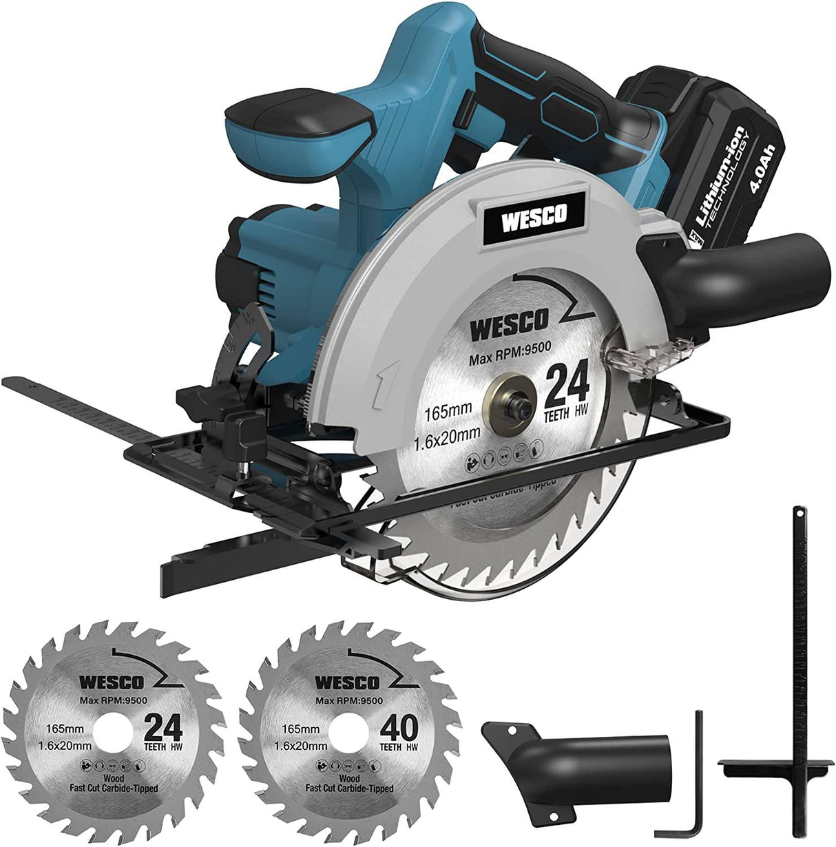 Sierra circular inalámbrica WESCO 20V 4.0Ah, 4000RPM 0-45° Corte biselado, sierra eléctrica inalámbrica de 6-1/2" con cargador, adaptador de vacío, guía paralela, hojas de corte de madera (24T / 40T)/WS2316U - DIGVICE MX